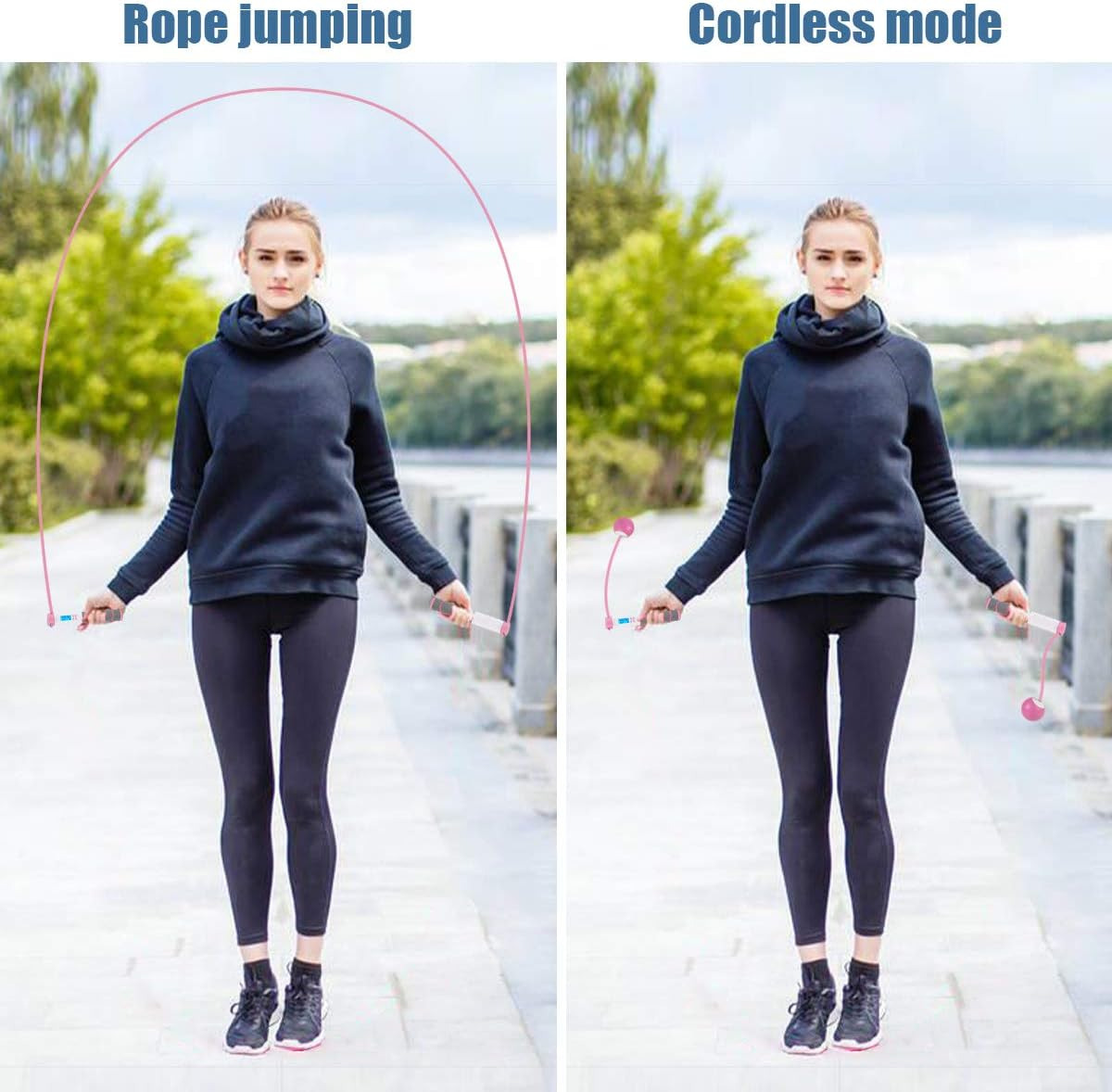 Eine Frau demonstriert Seilspringen und den kabellosen Modus, hält rosa Springseilgriffe und trägt schwarze Sportkleidung im Freien.