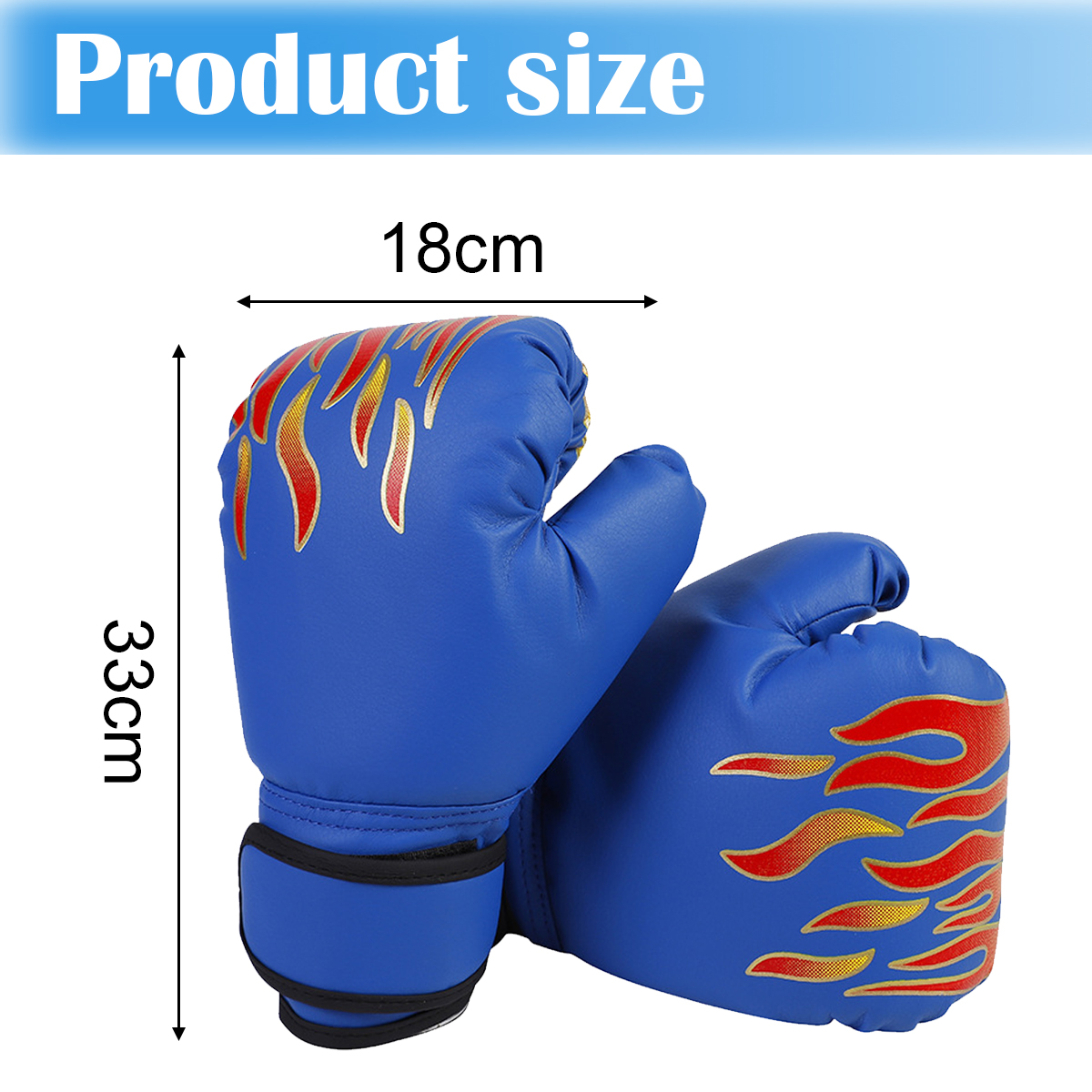 Blaue Boxhandschuhe mit roten Flammen. Länge 33cm, Breite 18cm.