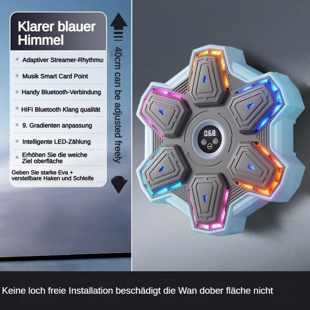 Ein sternförmiges Gerät mit blauem, pinkem und orangem Licht und einem digitalen Display.