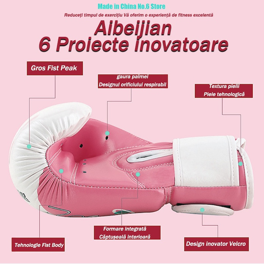 Ein pink-weißer Boxhandschuh mit Beschriftungen, die Merkmale wie „Gros Fist Peak“ und „Design inovator Velcro“ auf pinkem Hintergrund hervorheben.