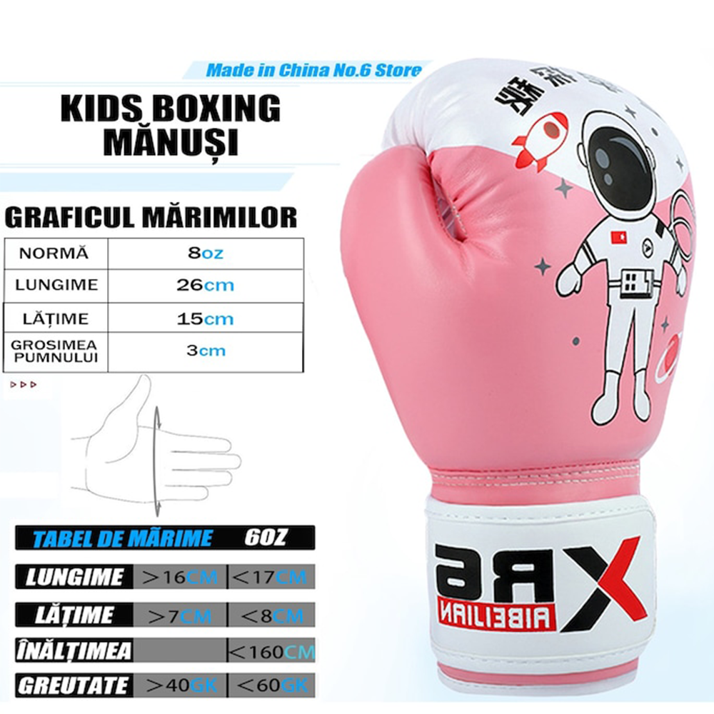 Ein rosafarbener Boxhandschuh mit Astronautenmotiv und Größentabelle.