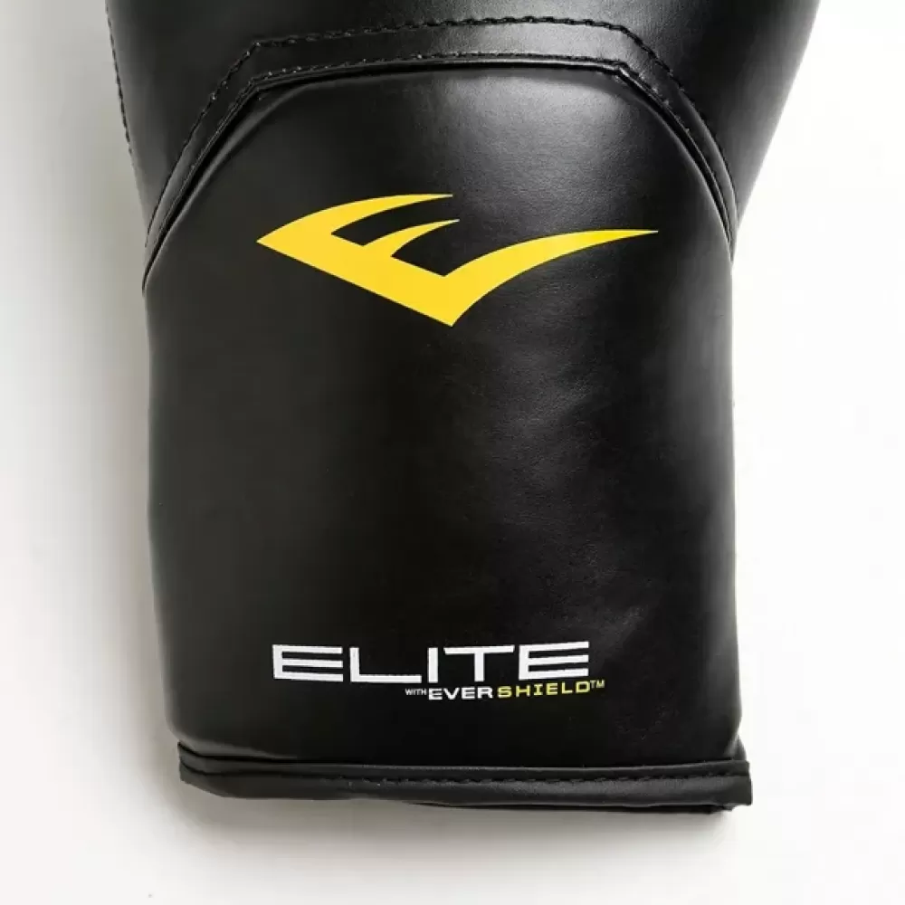 Schwarze Boxhandschuhe mit gelbem Logo und Schriftzug "ELITE".