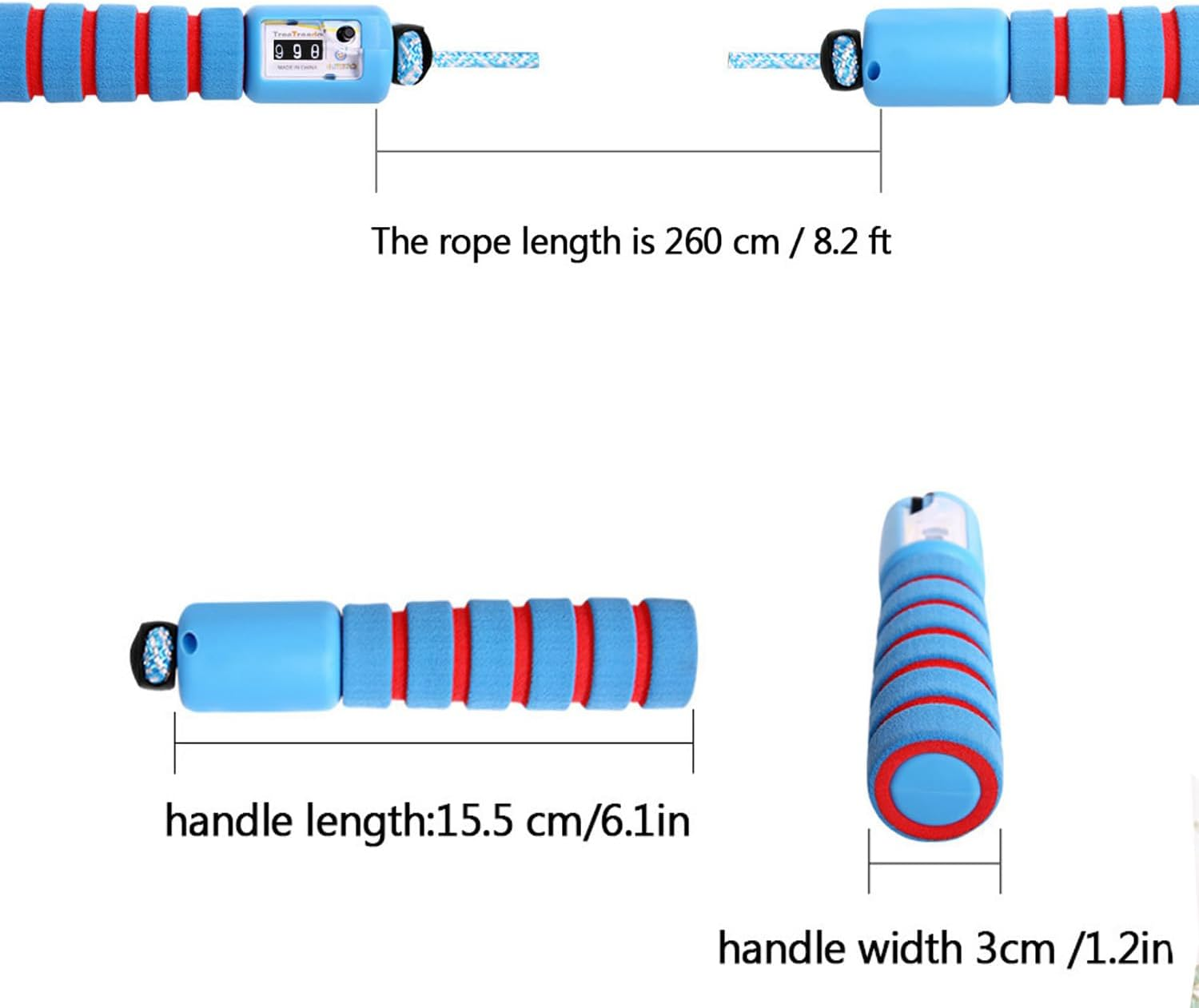 Blauer Springseilgriff mit rotem Schaumstoff, Seillänge 260cm.