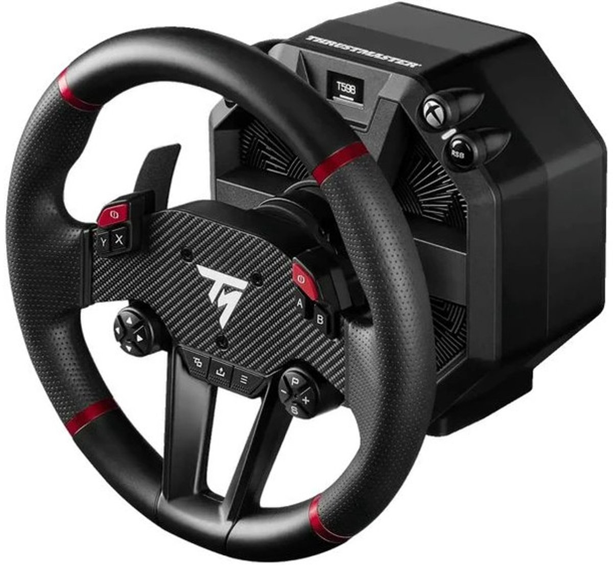 Volant de course noir avec accents rouges, détail carbone et boutons.