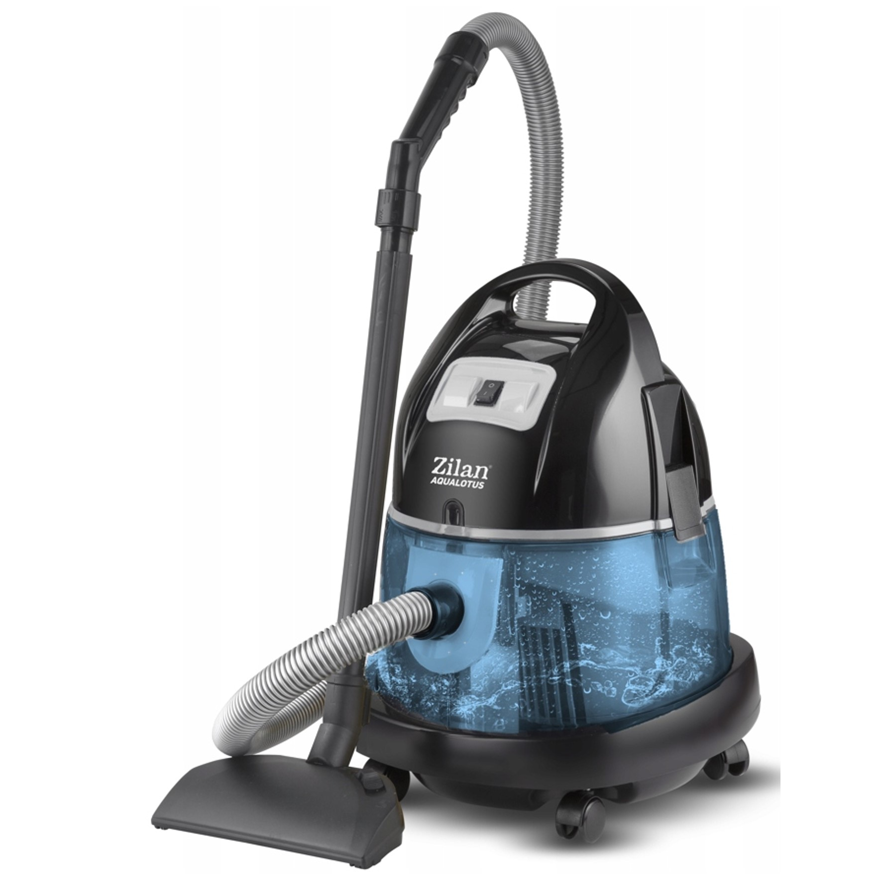 Czarny odkurzacz Zilan Aqualotus z niebieskim zbiornikiem na wodę i akcesoriami.