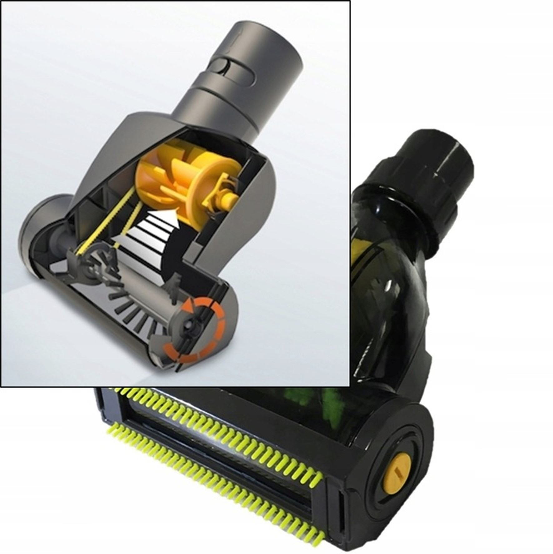 Wnętrze głowicy odkurzacza z żółtym wirnikiem i szczotkami.