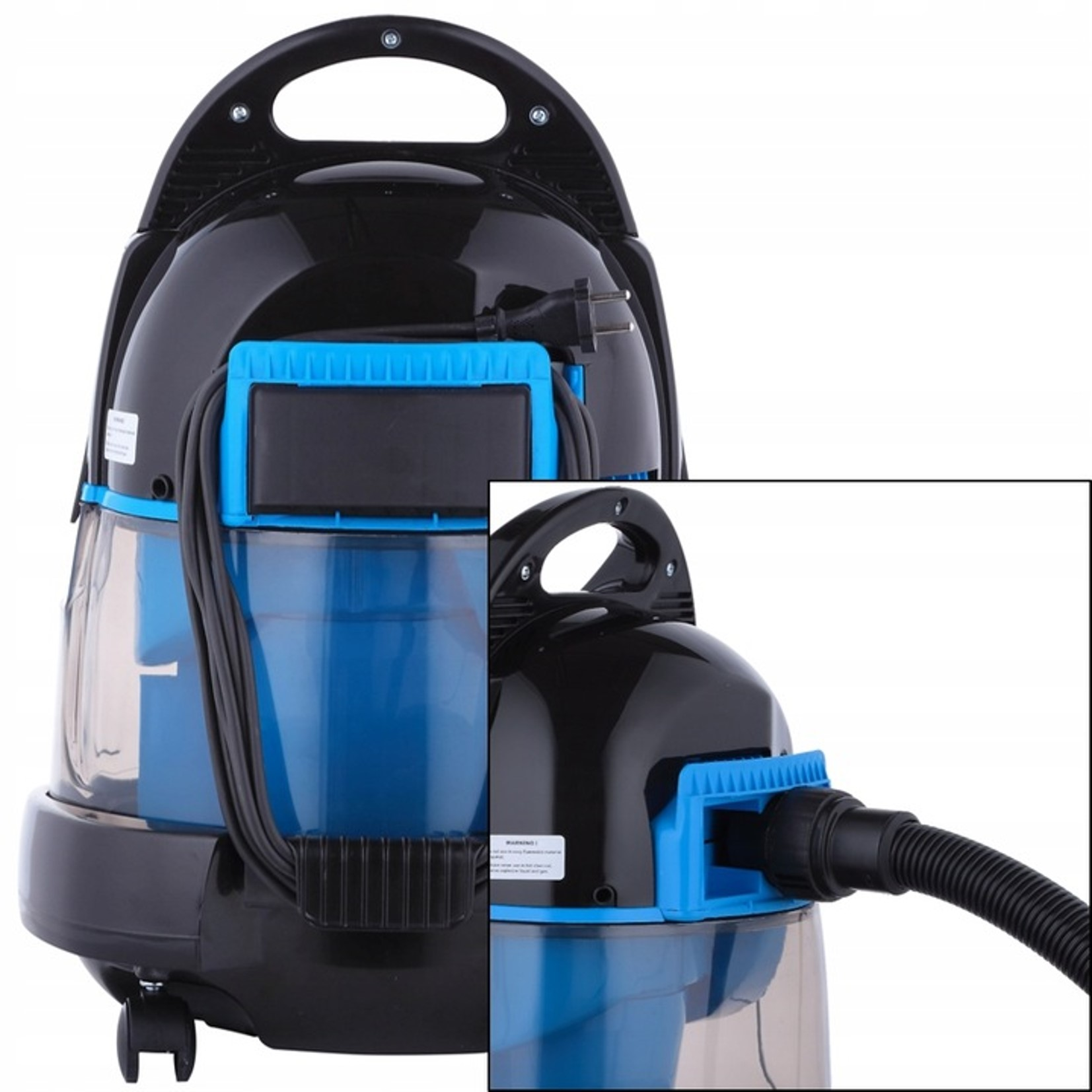 Czarno-niebieski odkurzacz do pracy na mokro i sucho z uchwytem.