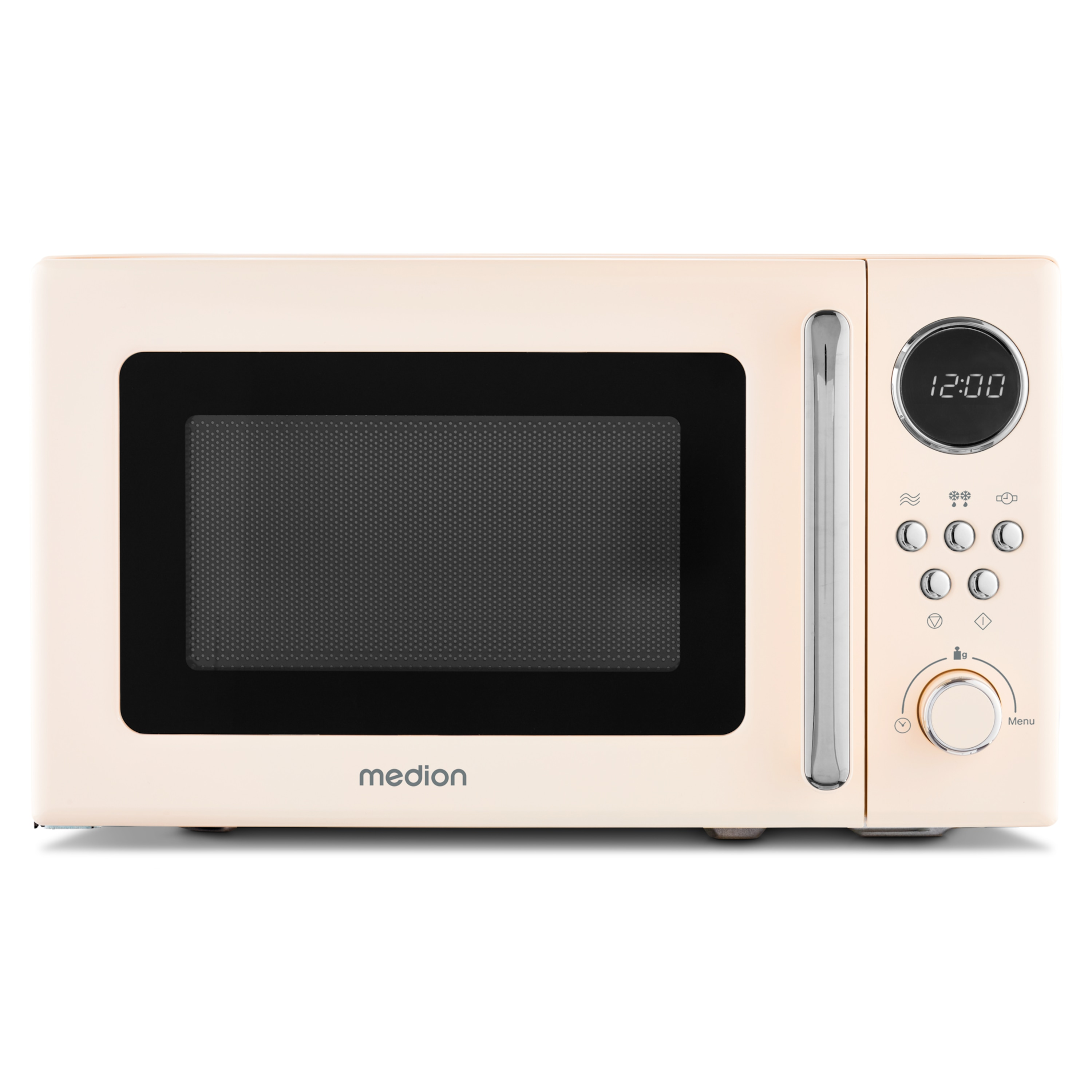 Kremowa kuchenka mikrofalowa Medion ze srebrną rączką i cyfrowym wyświetlaczem.