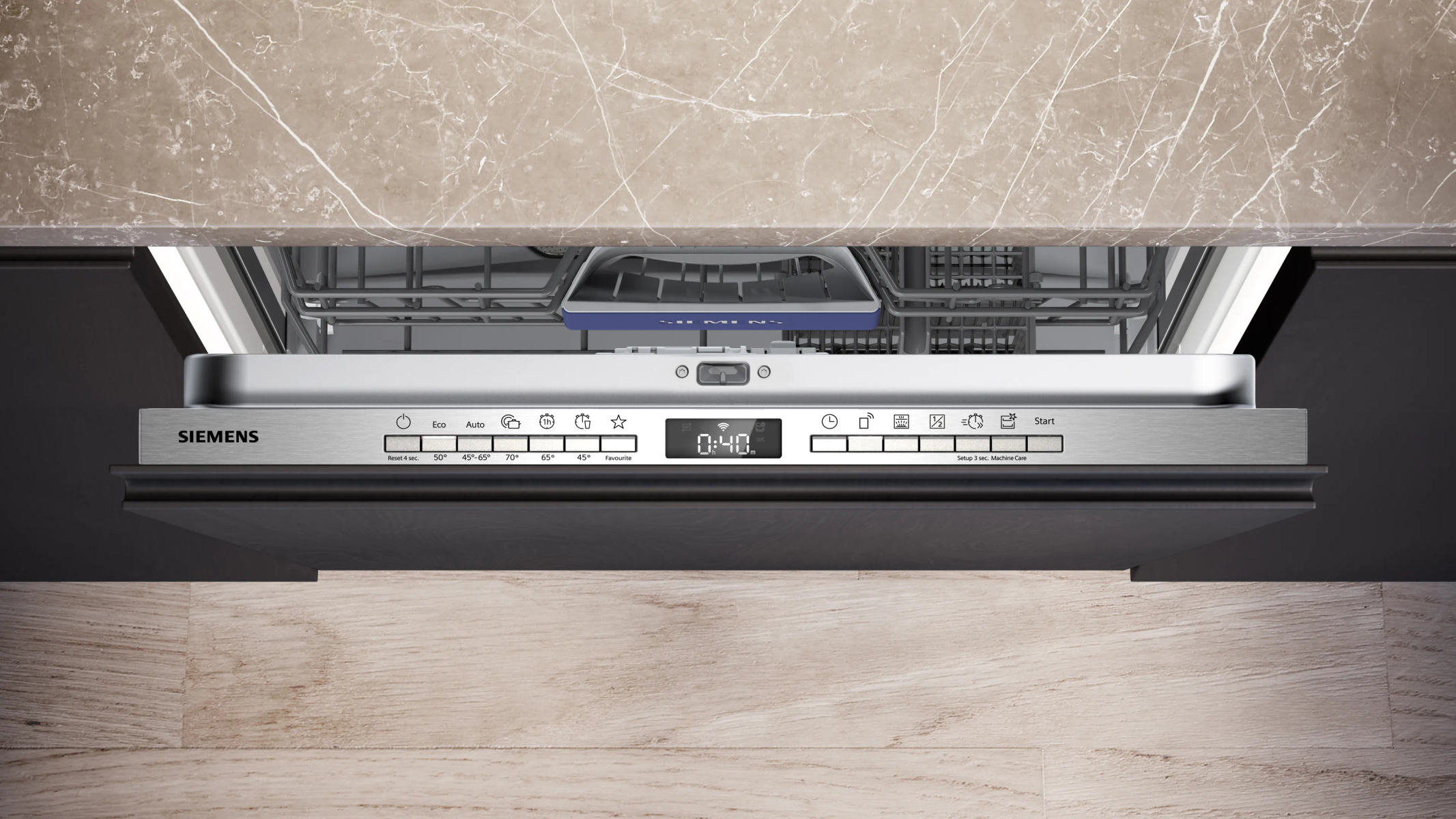 Panel sterowania zmywarki Siemens z cyfrowym wyświetlaczem 0:40 i wyborem programów.