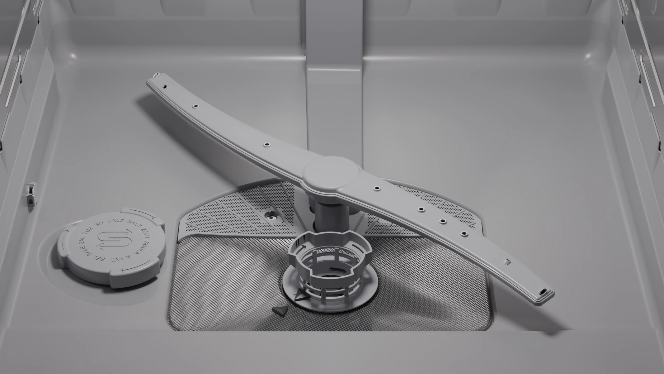 Szary ramie spryskujące i pokrywa pojemnika na sól w zmywarce.