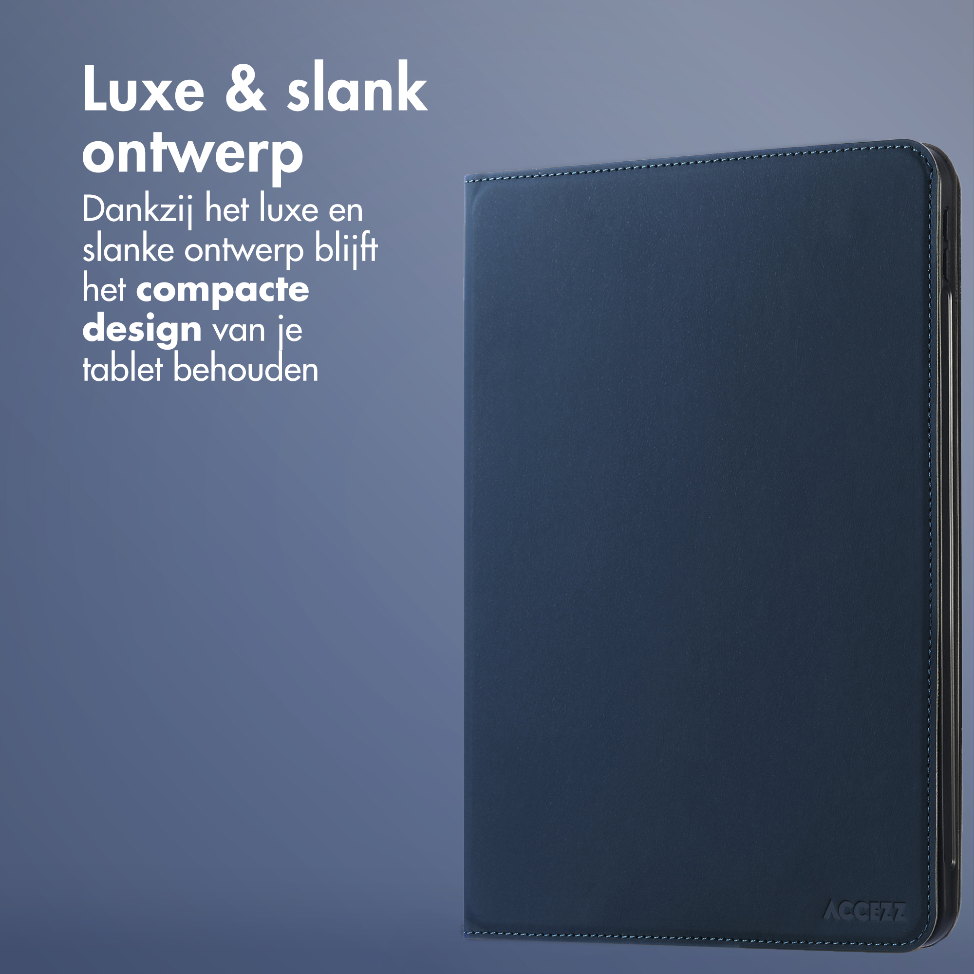 Donkerblauw tablethoes met tekst "Luxe & slank ontwerp".