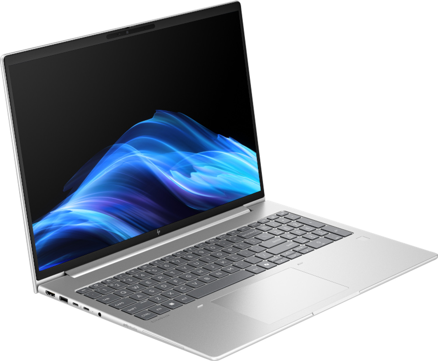 Zilveren laptop met blauw abstracte achtergrond op scherm, toetsenbord en trackpad zichtbaar.