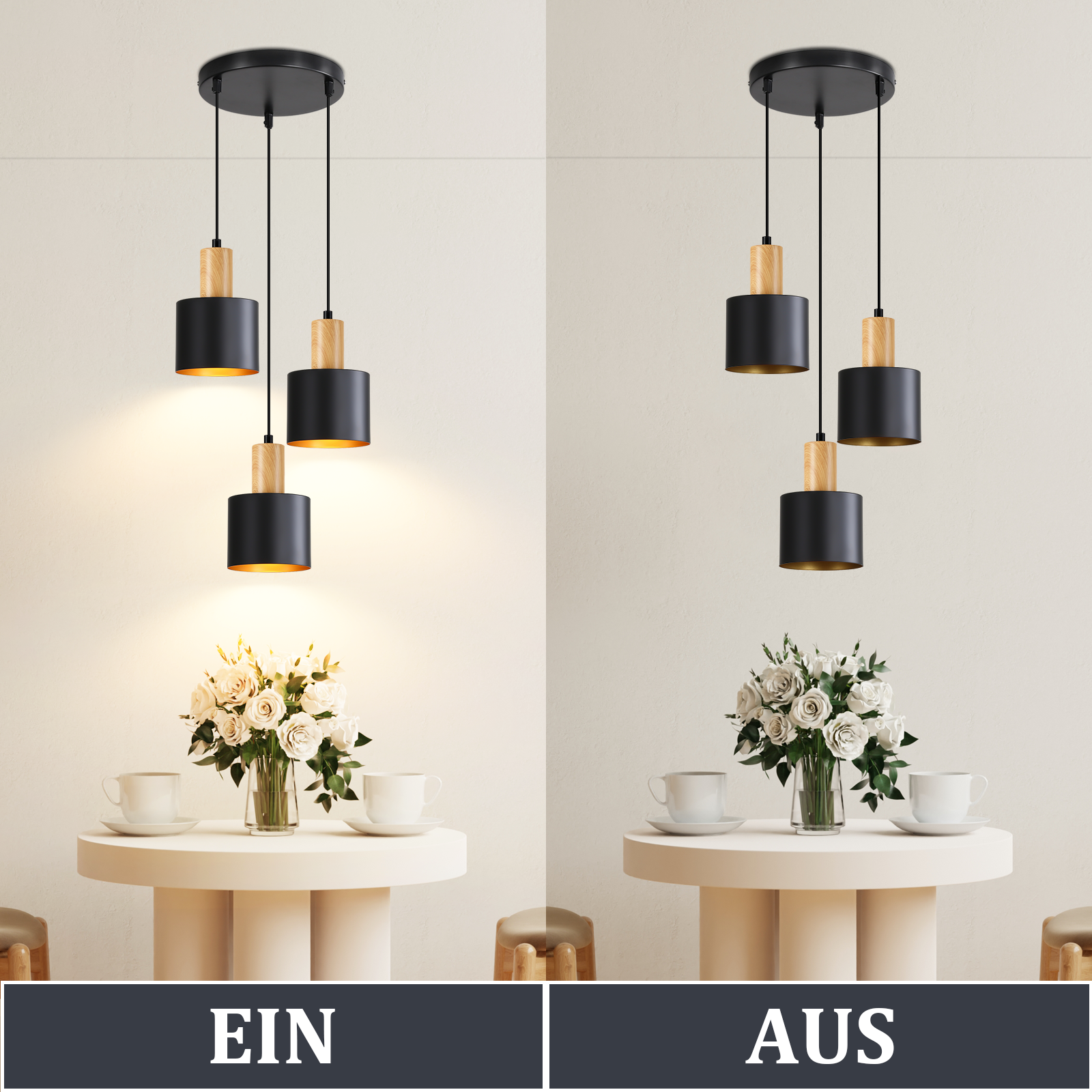 Zwei Szenen: Hängeleuchte mit drei Lampen, einmal ein und einmal aus.