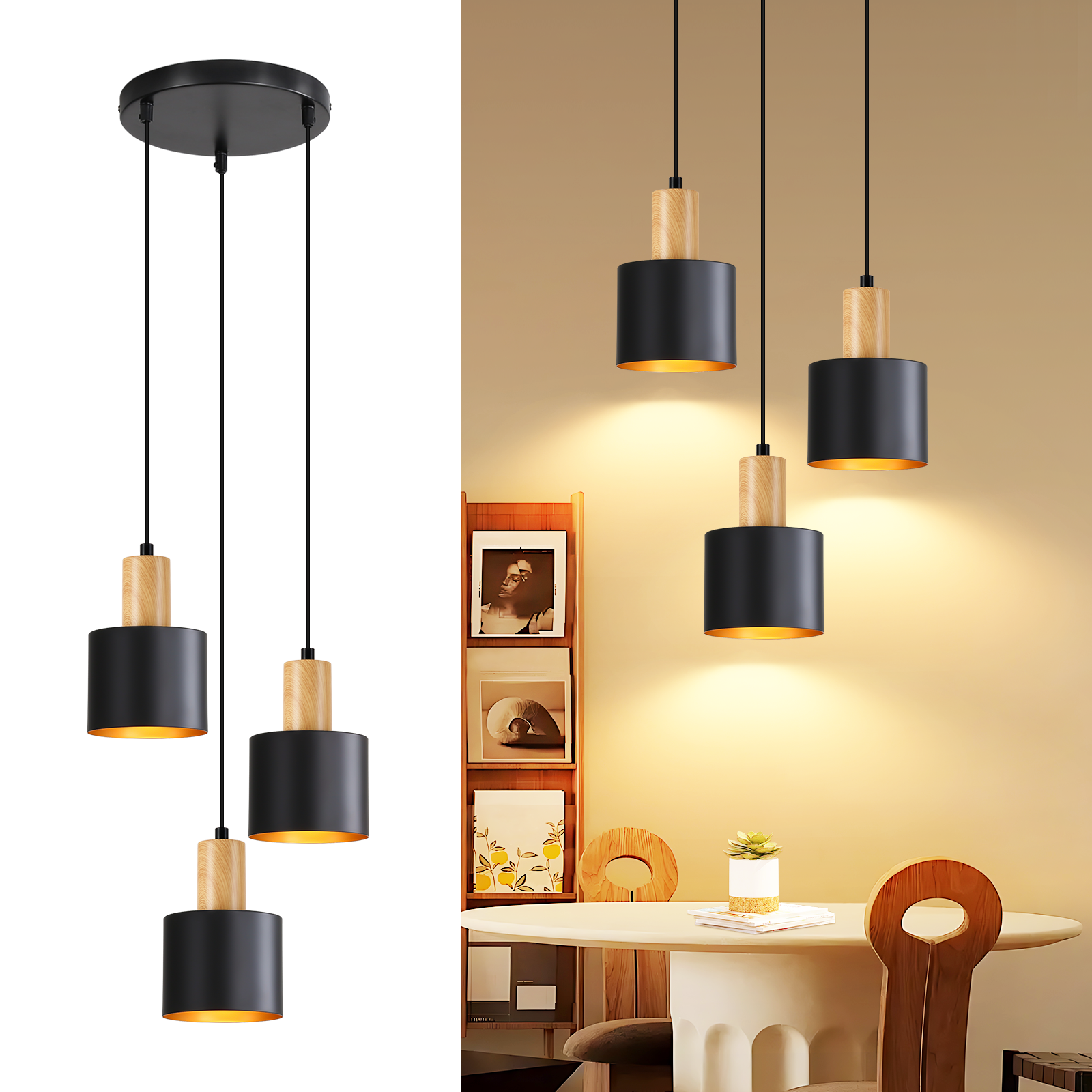 Dreiflammige Pendelleuchte mit schwarzen Metallzylindern und Holzdetails.