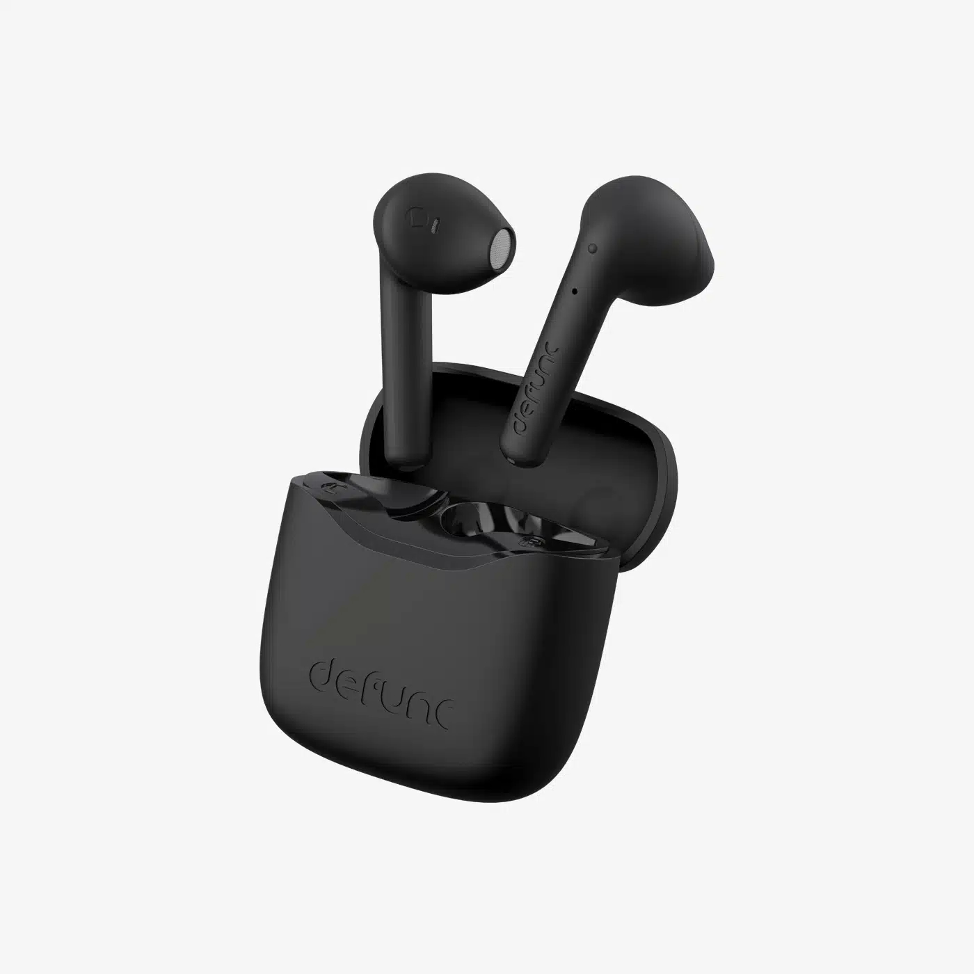 Auricolari wireless neri con custodia di ricarica, su sfondo bianco.