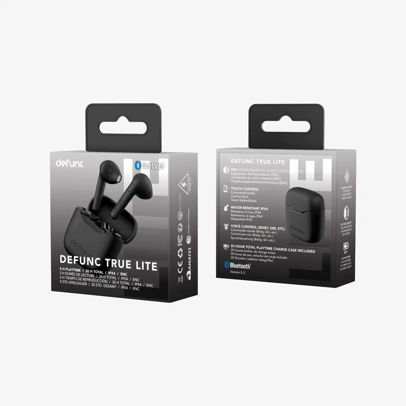 Due scatole nere di auricolari Defunc True Lite sono mostrate. La scatola sinistra mostra auricolari aperti, quella destra una custodia chiusa.