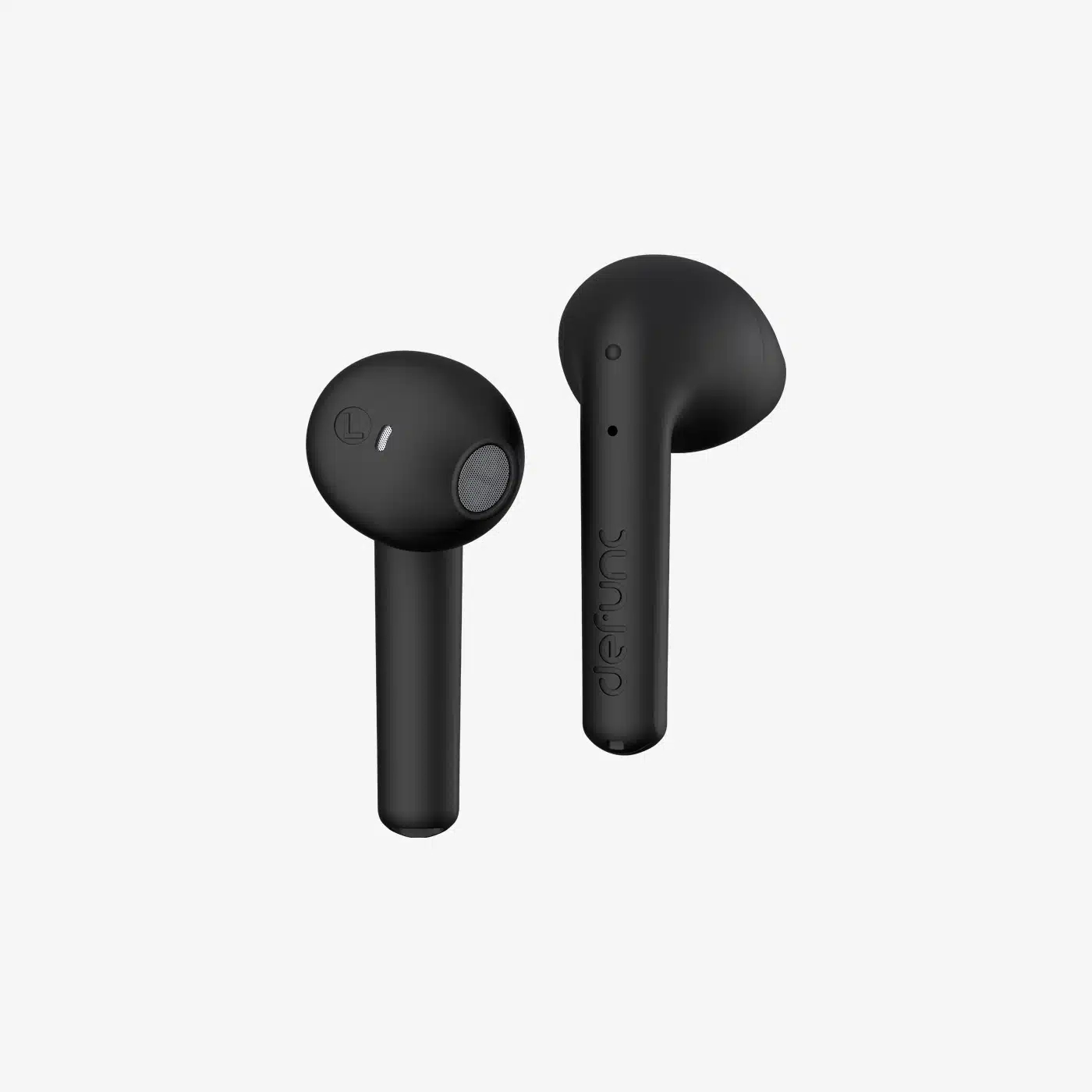Un paio di auricolari wireless neri, uno con una 'L' per sinistra, su sfondo bianco.