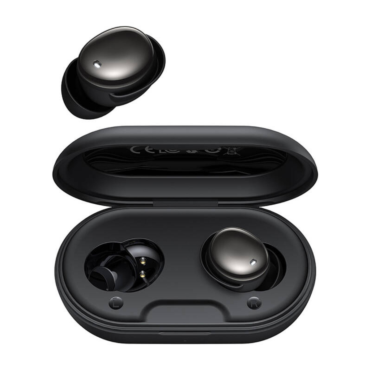 Auricolari wireless neri in una custodia di ricarica aperta con un auricolare accanto.