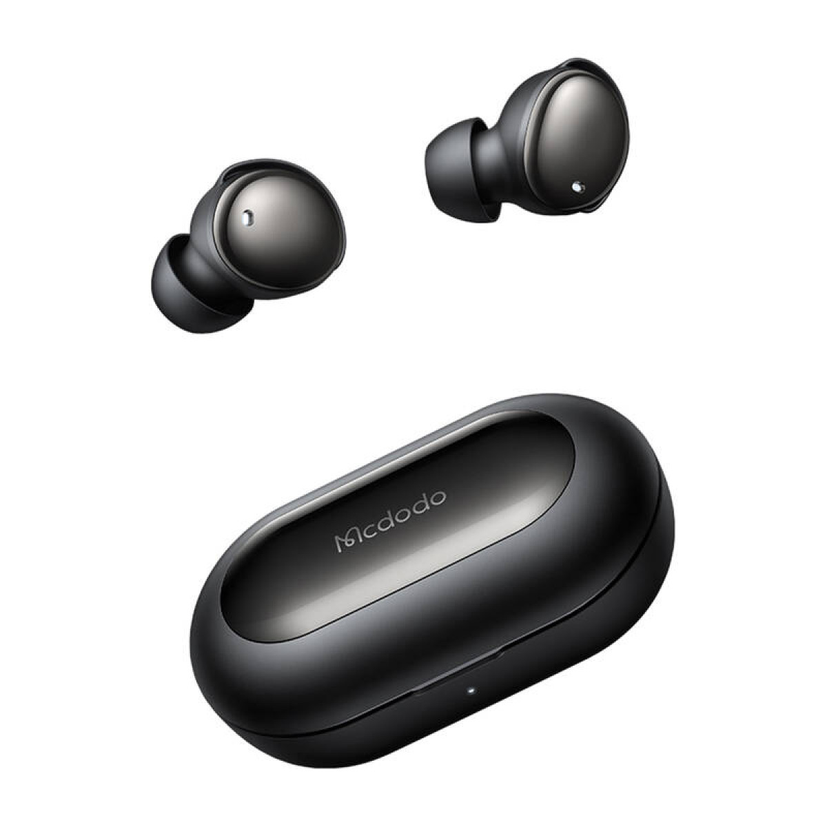 Due auricolari wireless neri e una custodia di ricarica nera con logo "Mcdodo", su sfondo bianco.