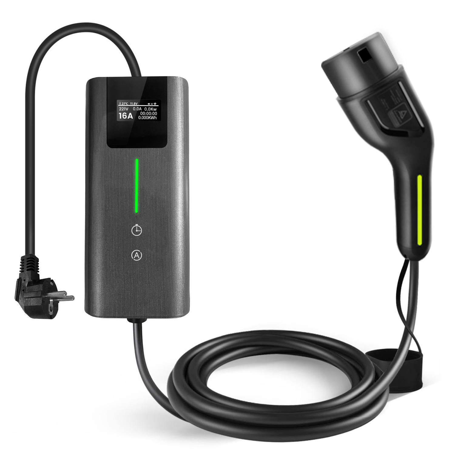 Ein schwarzes EV-Ladegerät mit Digitalanzeige (16A, 221V, 0.0kW), verbunden mit Stecker und Ladepistole.