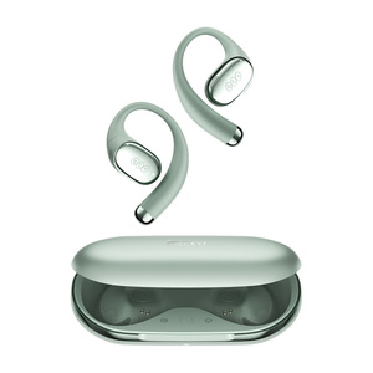 Auricolari wireless verdi con custodia di ricarica, su sfondo bianco.