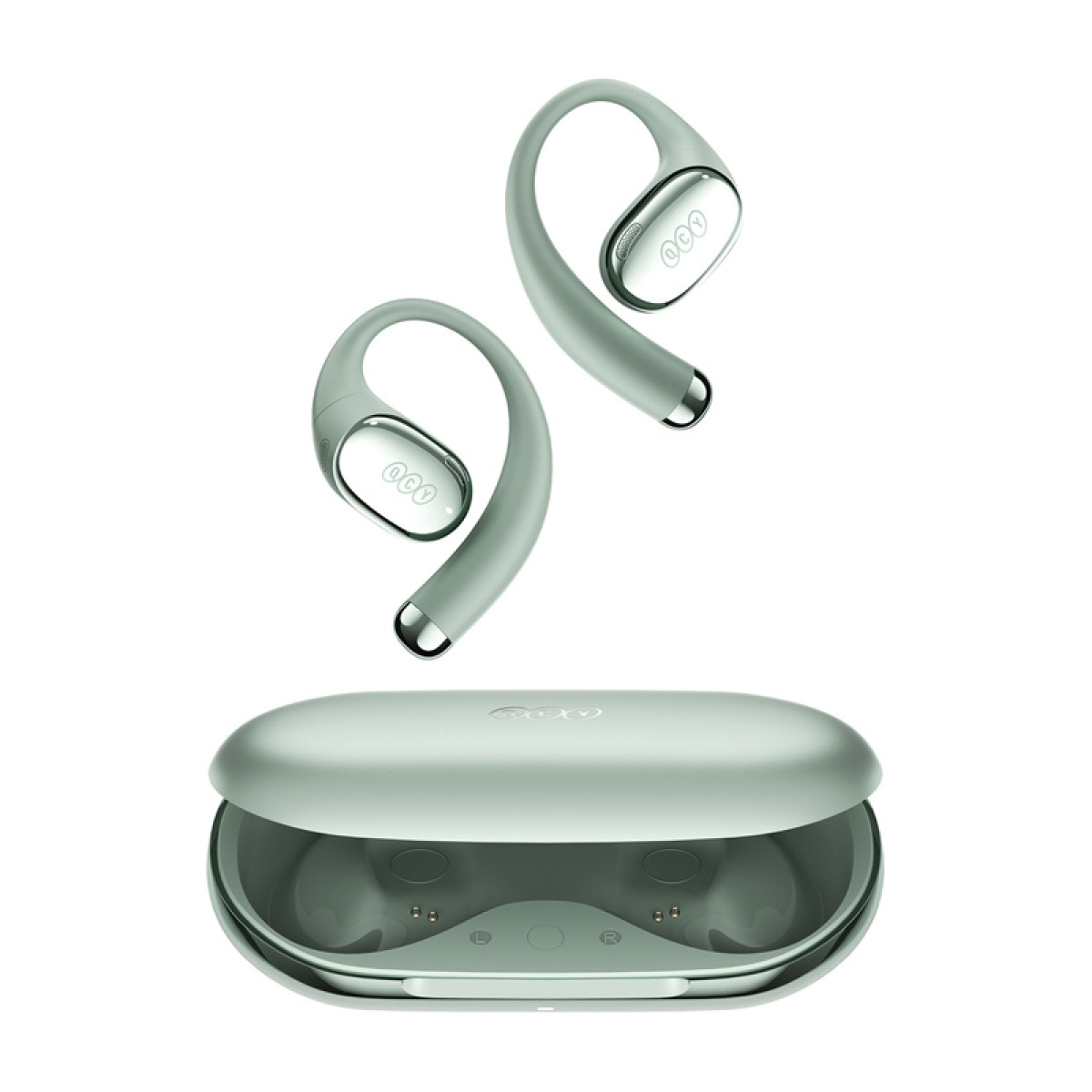Un paio di auricolari wireless verde menta con custodia di ricarica.