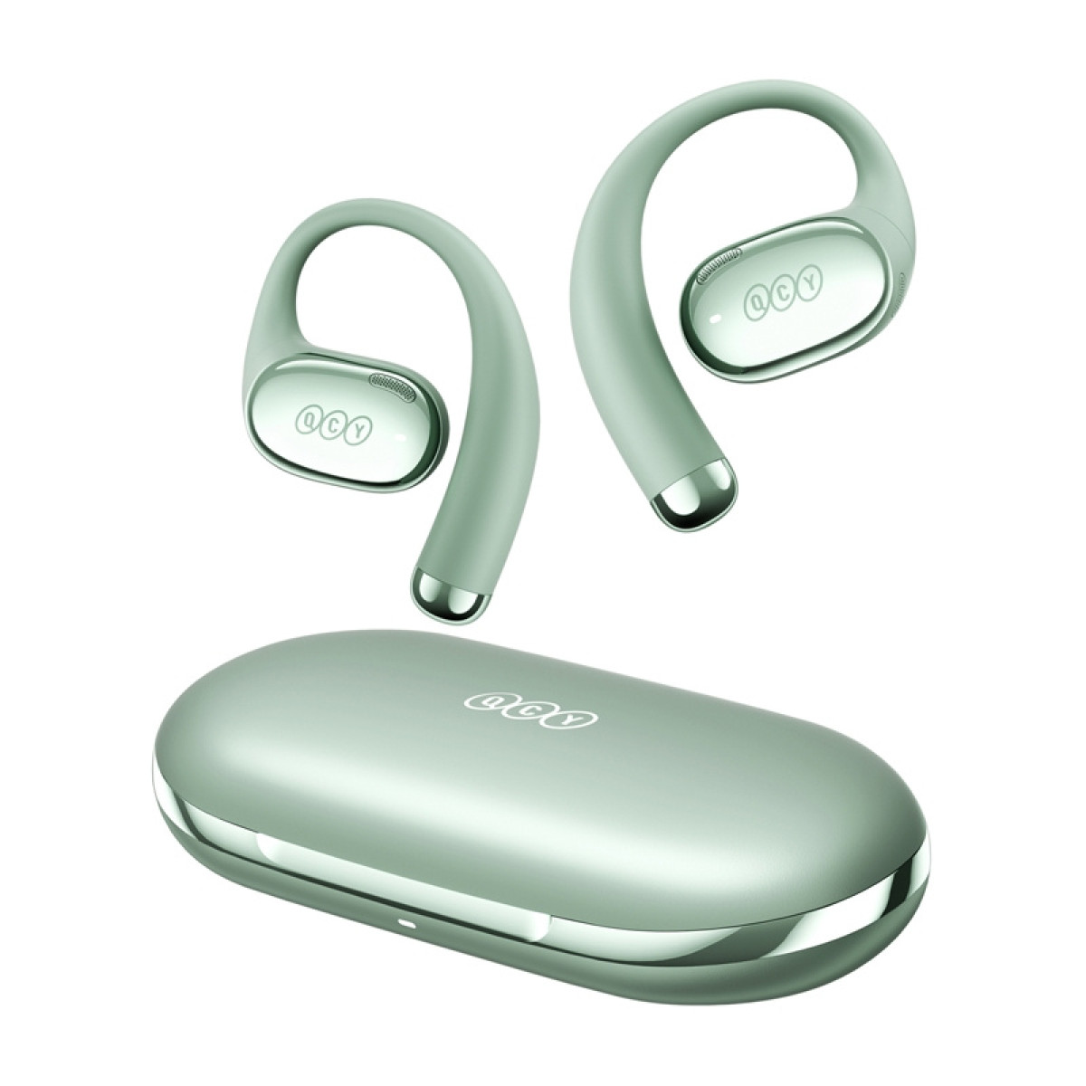 Auricolari verdi con custodia di ricarica, logo QCY su auricolari e custodia.