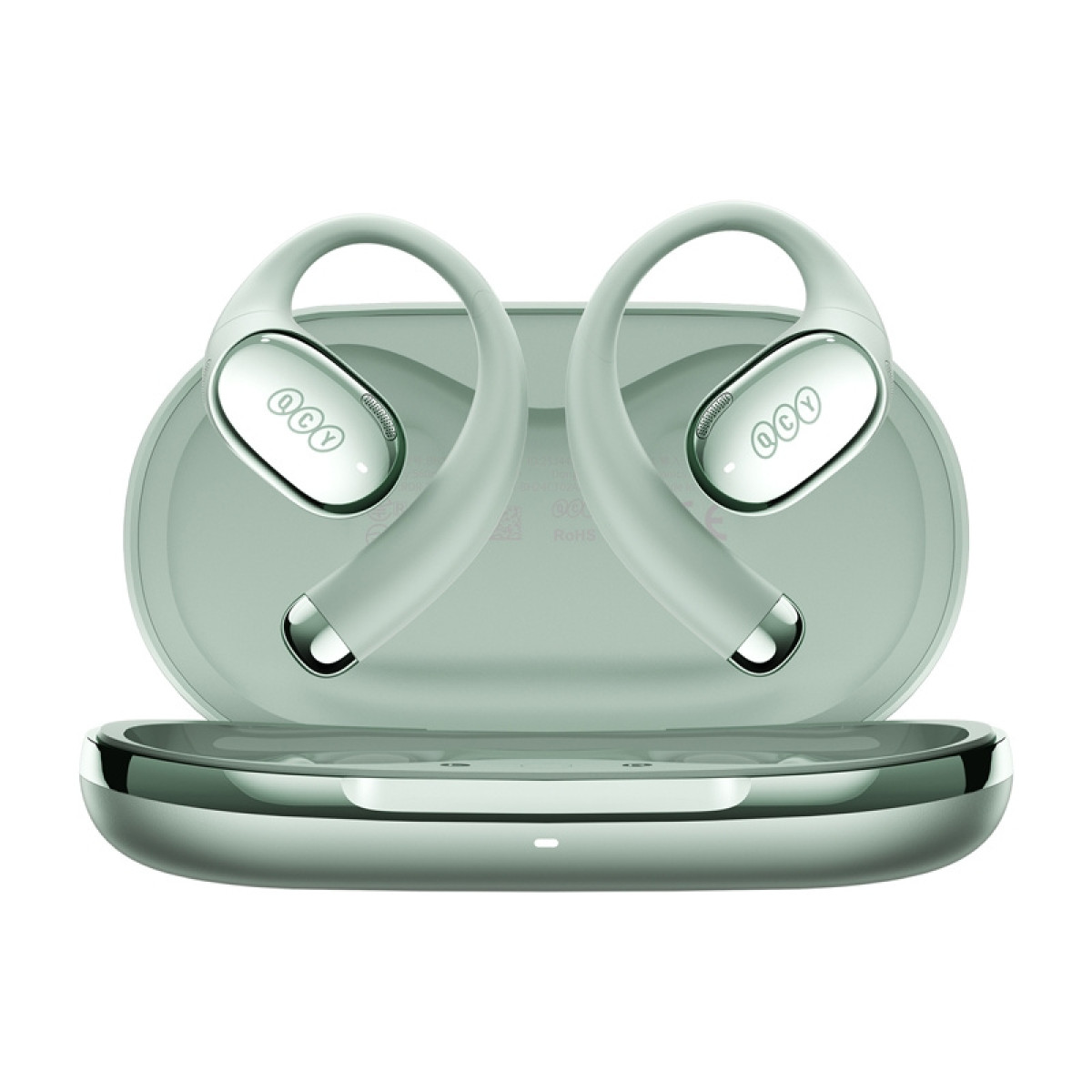 Un paio di auricolari wireless verde chiaro in una custodia di ricarica.