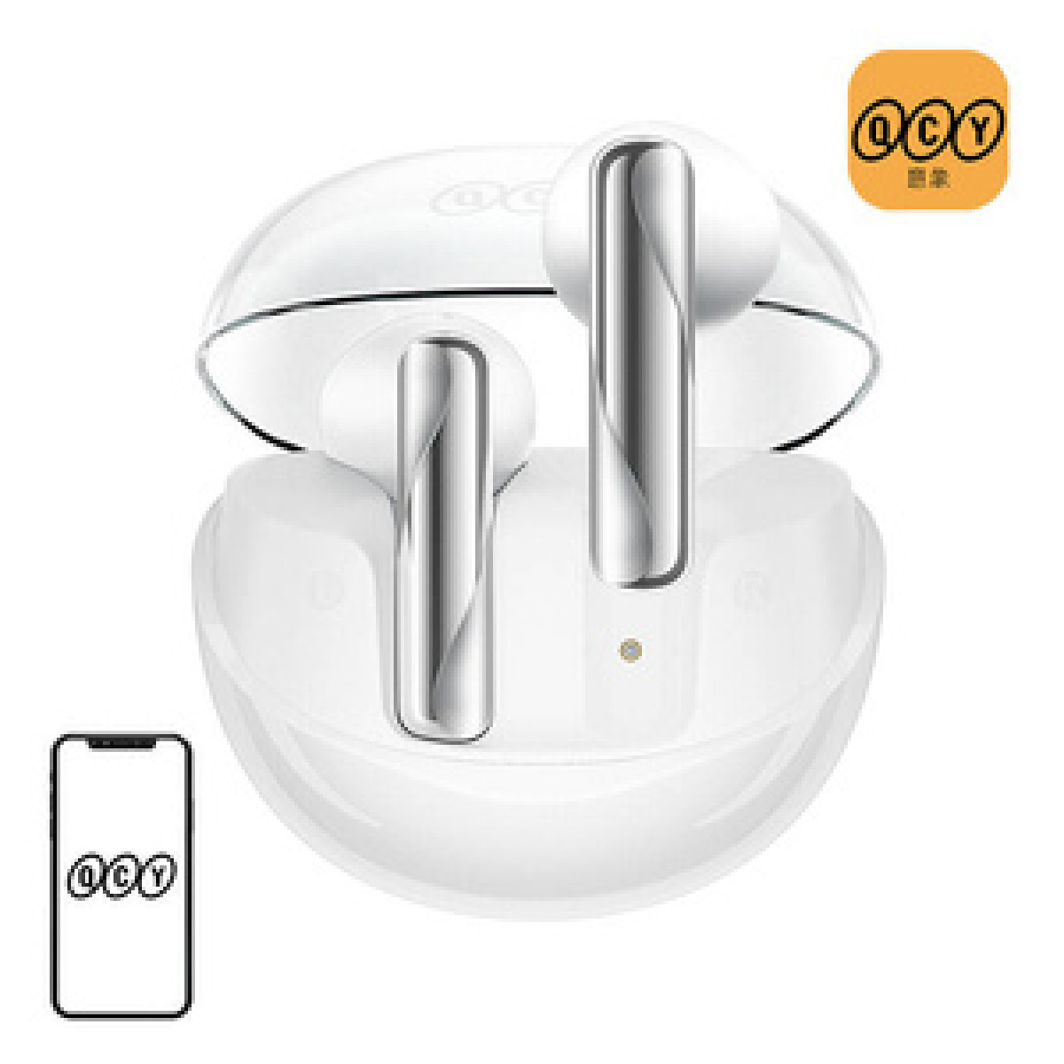 Weiße kabellose Ohrhörer in Ladehülle mit Logo und Smartphone-Symbol.