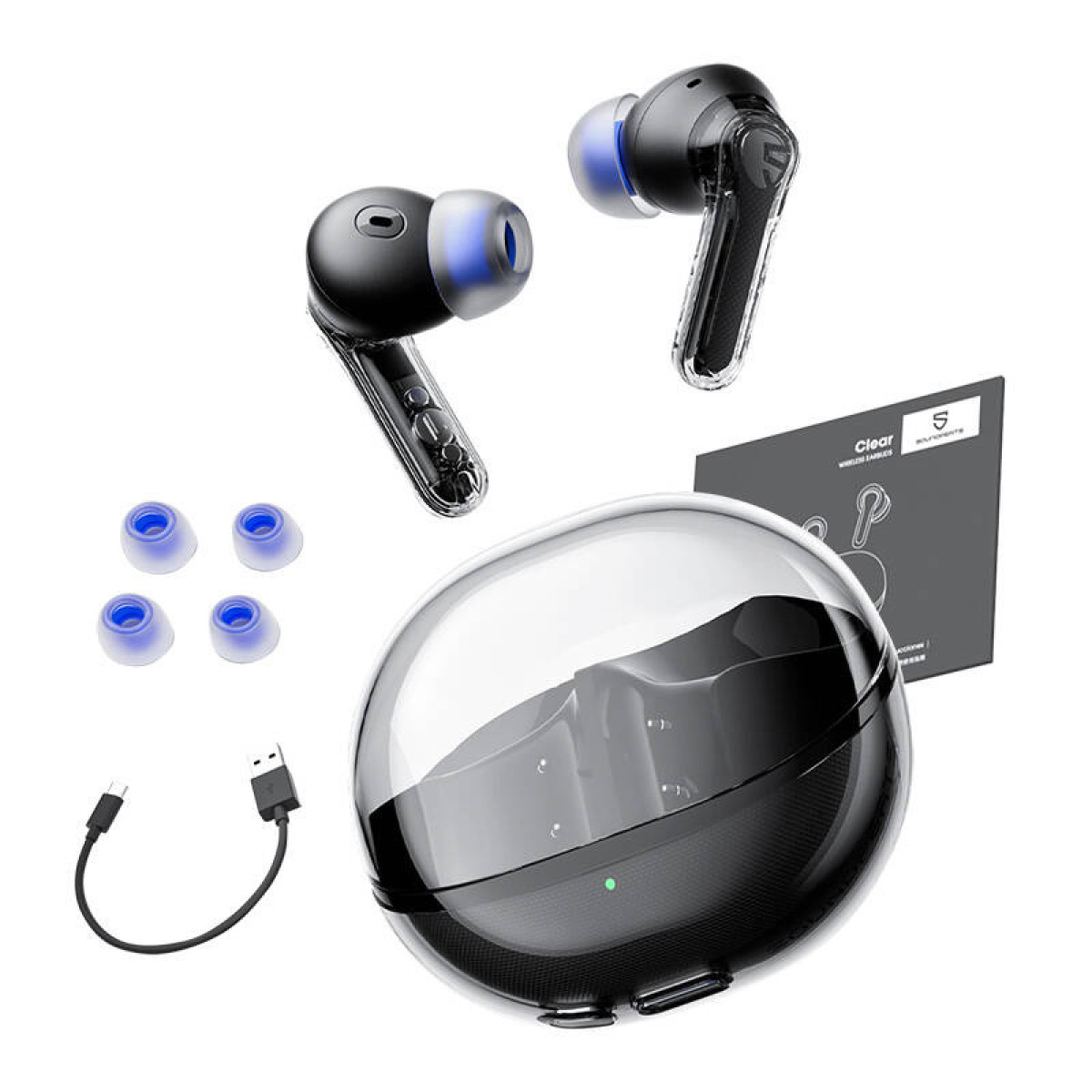 Schwarze und transparente Ohrhörer mit Ladecase, Kabel und blauen Aufsätzen.
