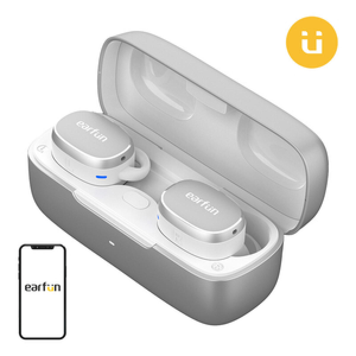 Graue Earbuds mit Ladecase und Smartphone daneben.
