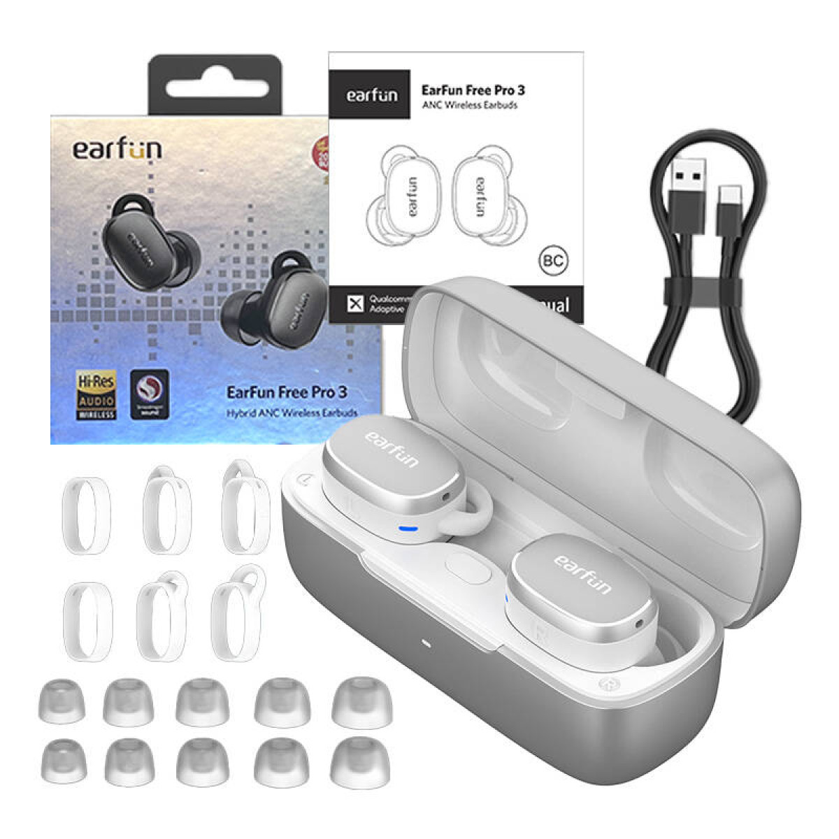 EarFun Free Pro 3 Ohrhörer in Ladecase mit Zubehör. Graues Case.