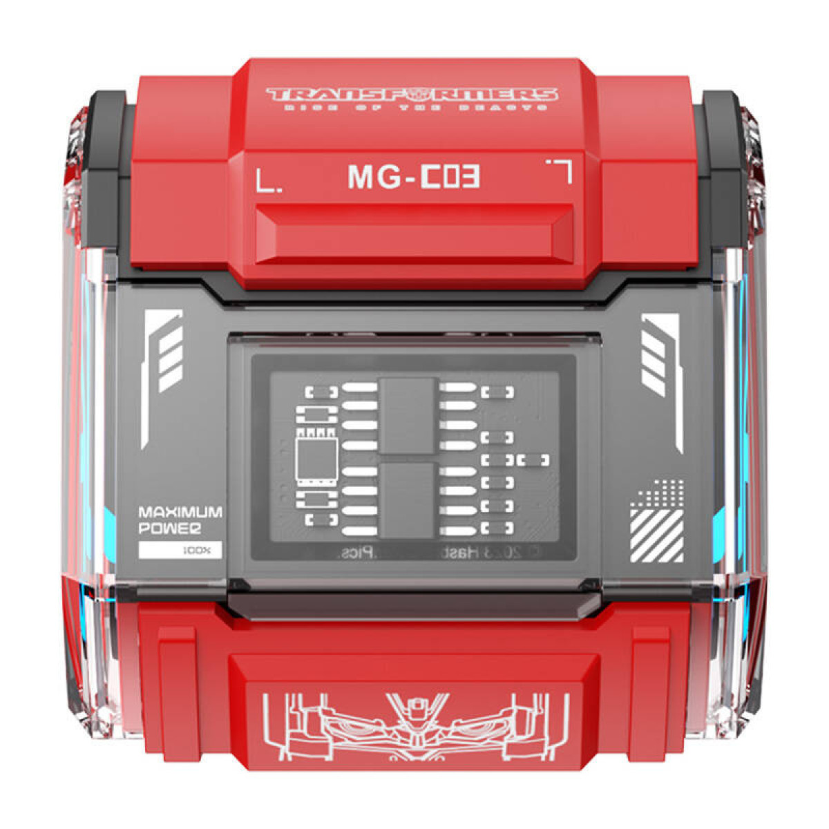 Cubo de juguete rojo de Transformers con ventana transparente que muestra un diseño de circuito.