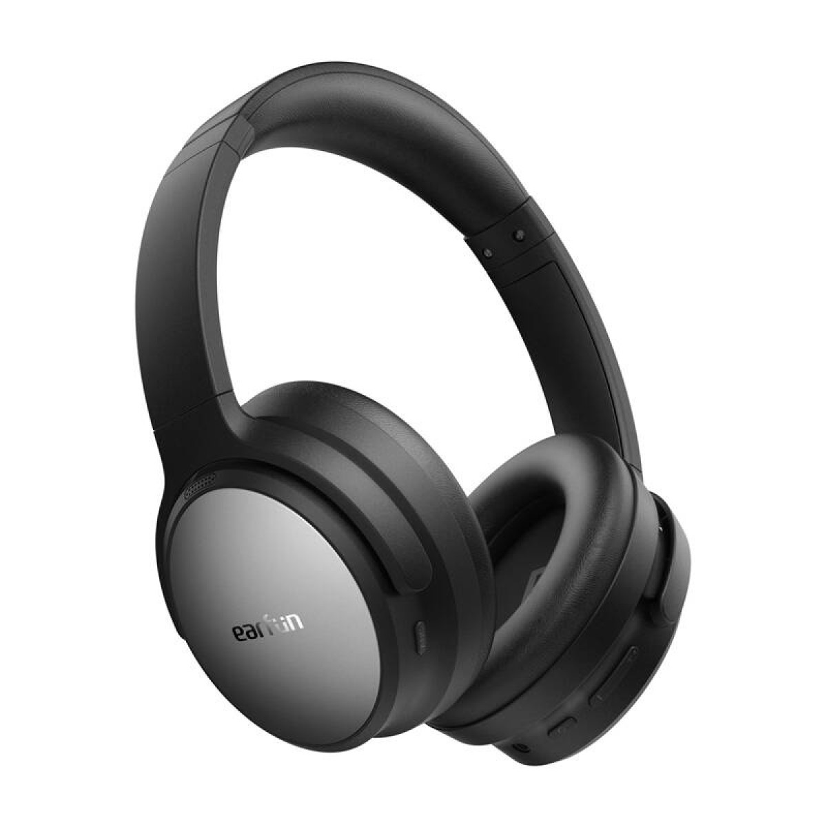 Schwarze Over-Ear-Kopfhörer mit silbernen Akzenten und dem Logo "earfun".