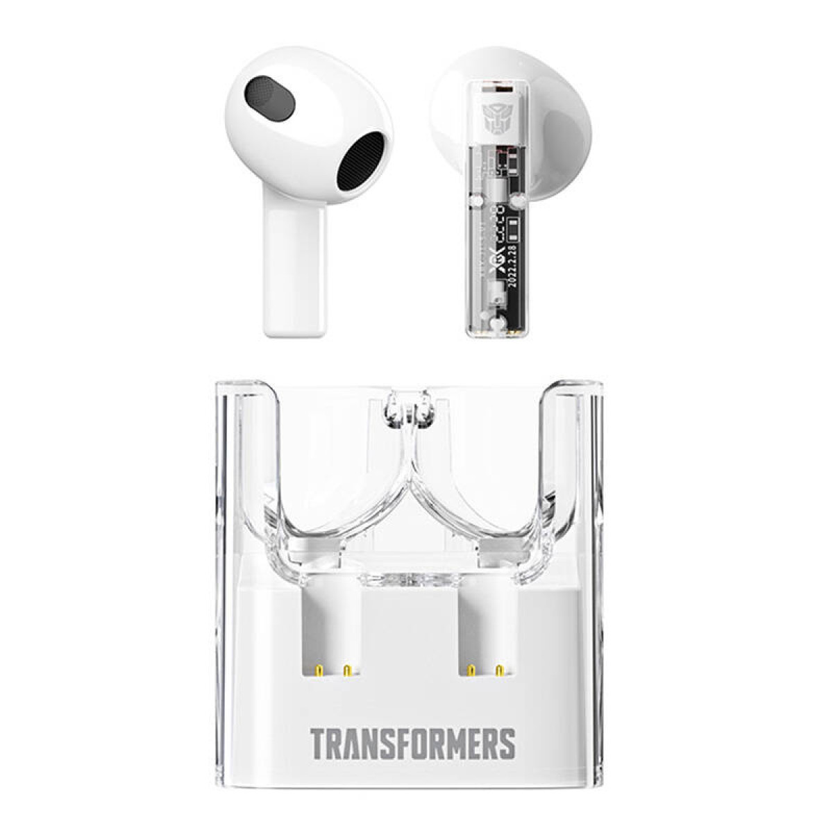 Auriculares inalámbricos blancos con estuche de carga y logo de Transformers.