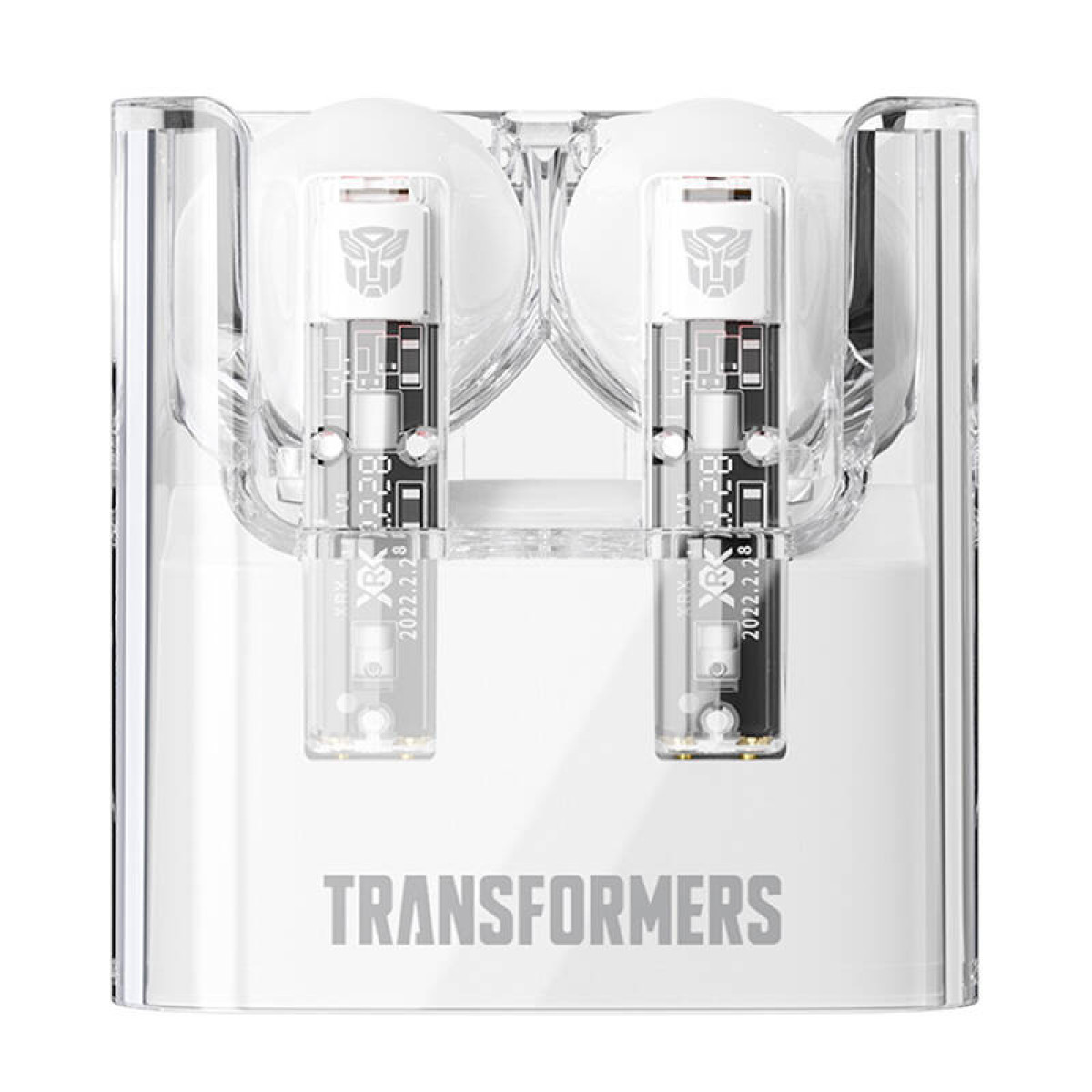 Auriculares Transformers en un estuche de carga transparente con logo y fecha.