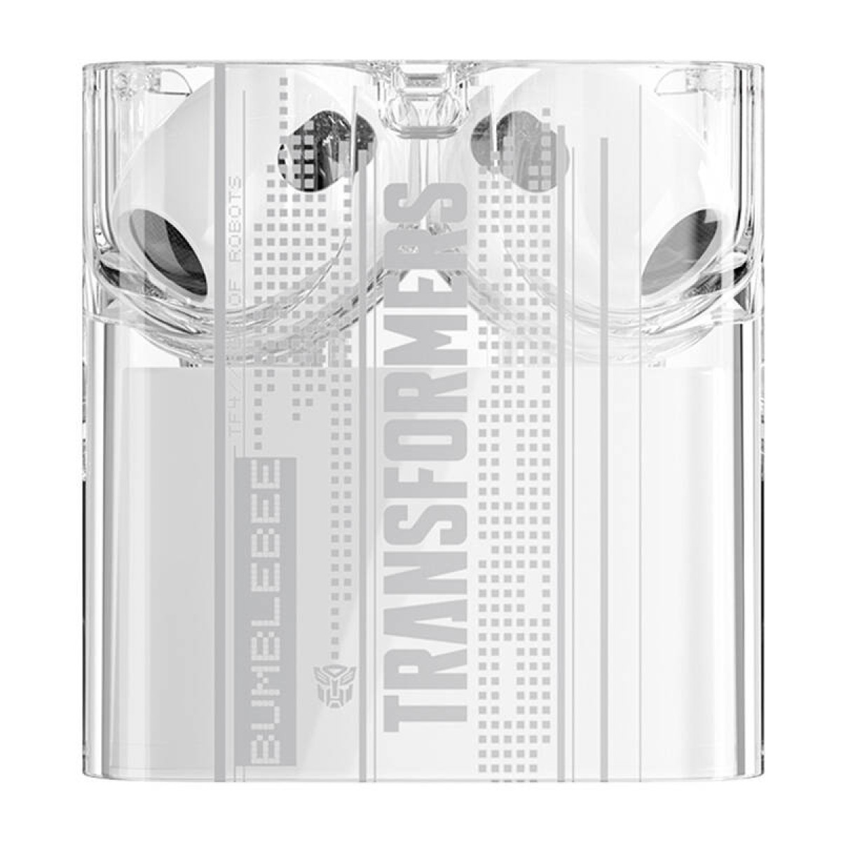 Funda transparente con auriculares blancos, con "BUMBLEBEE" y "TRANSFORMERS".
