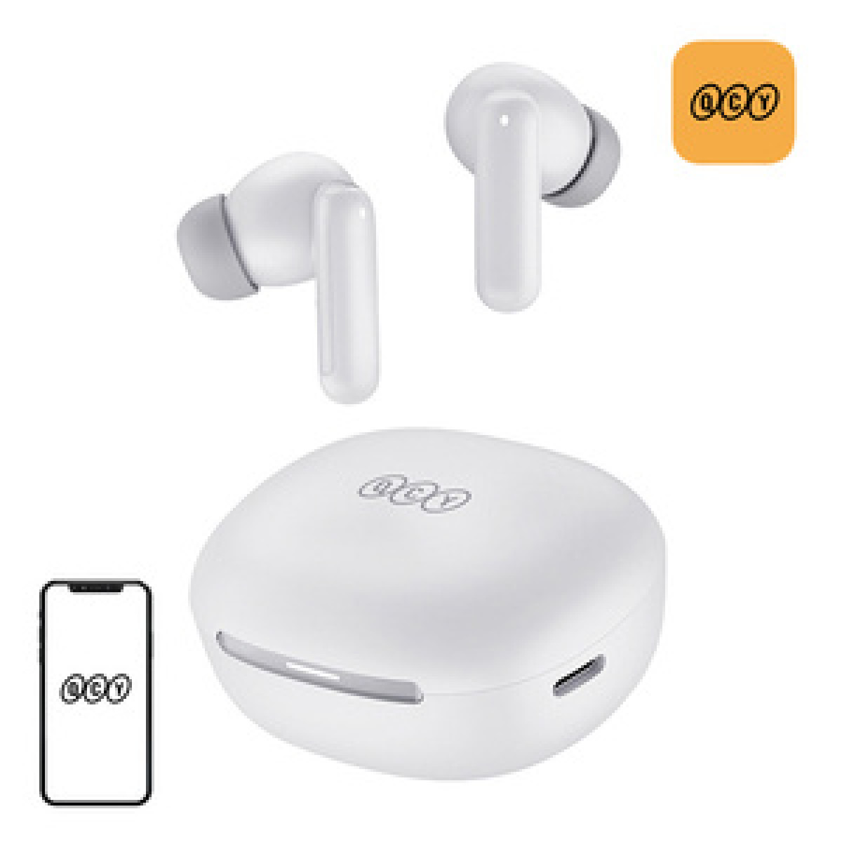 Auricolari wireless bianchi con custodia di ricarica e icona del telefono.