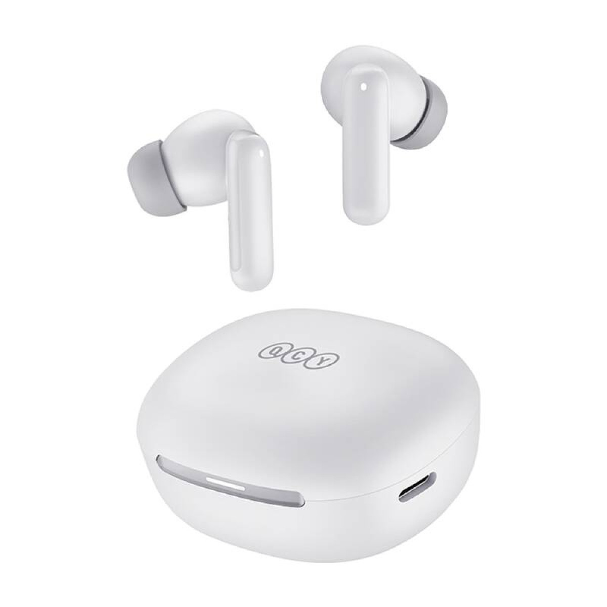 Auricolari wireless bianchi con custodia di ricarica. Due auricolari sopra la custodia.