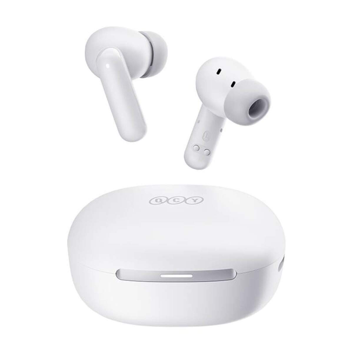 Auricolari wireless bianchi e custodia di ricarica con logo QCY.