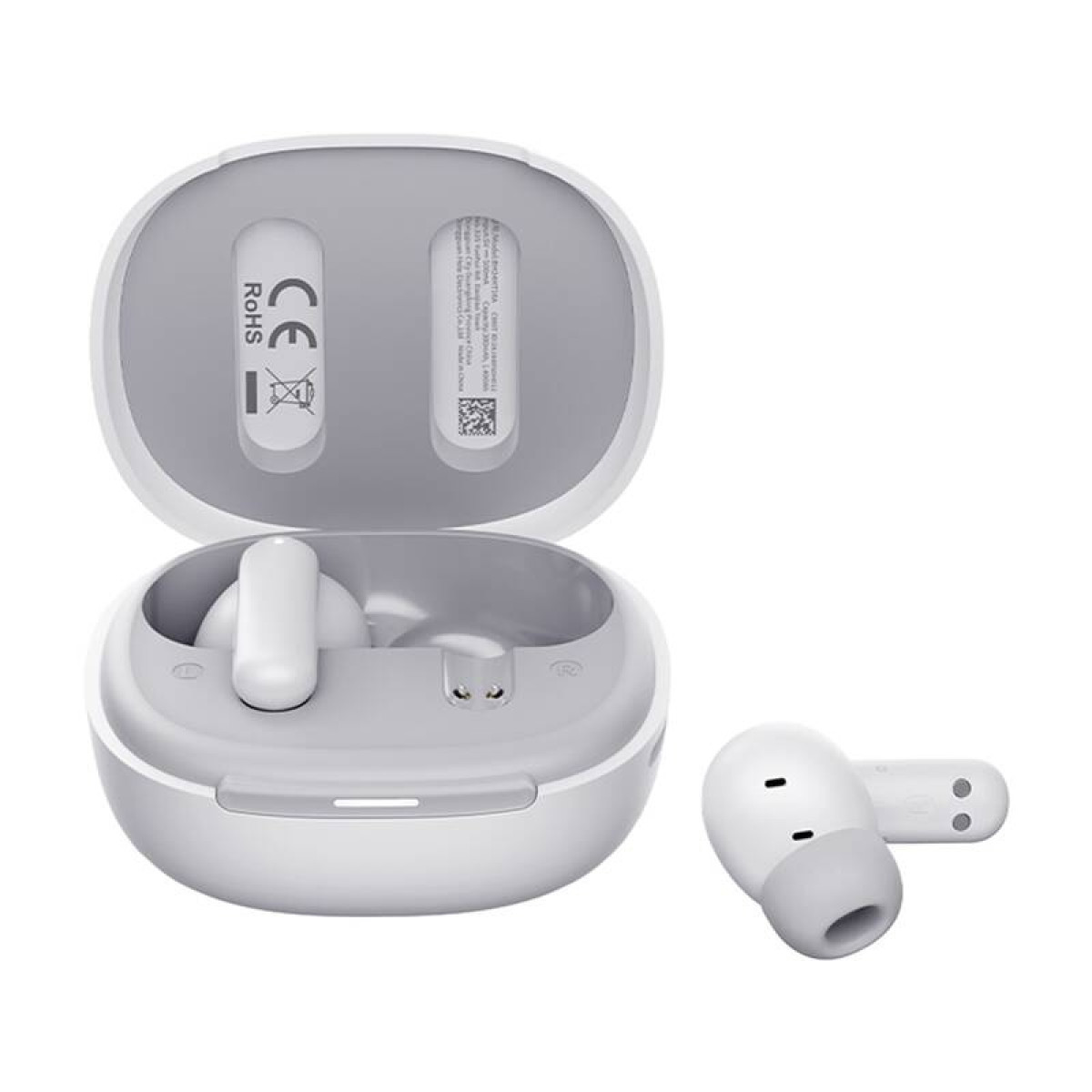 Auricolari bianchi wireless con custodia di ricarica aperta e un auricolare accanto.