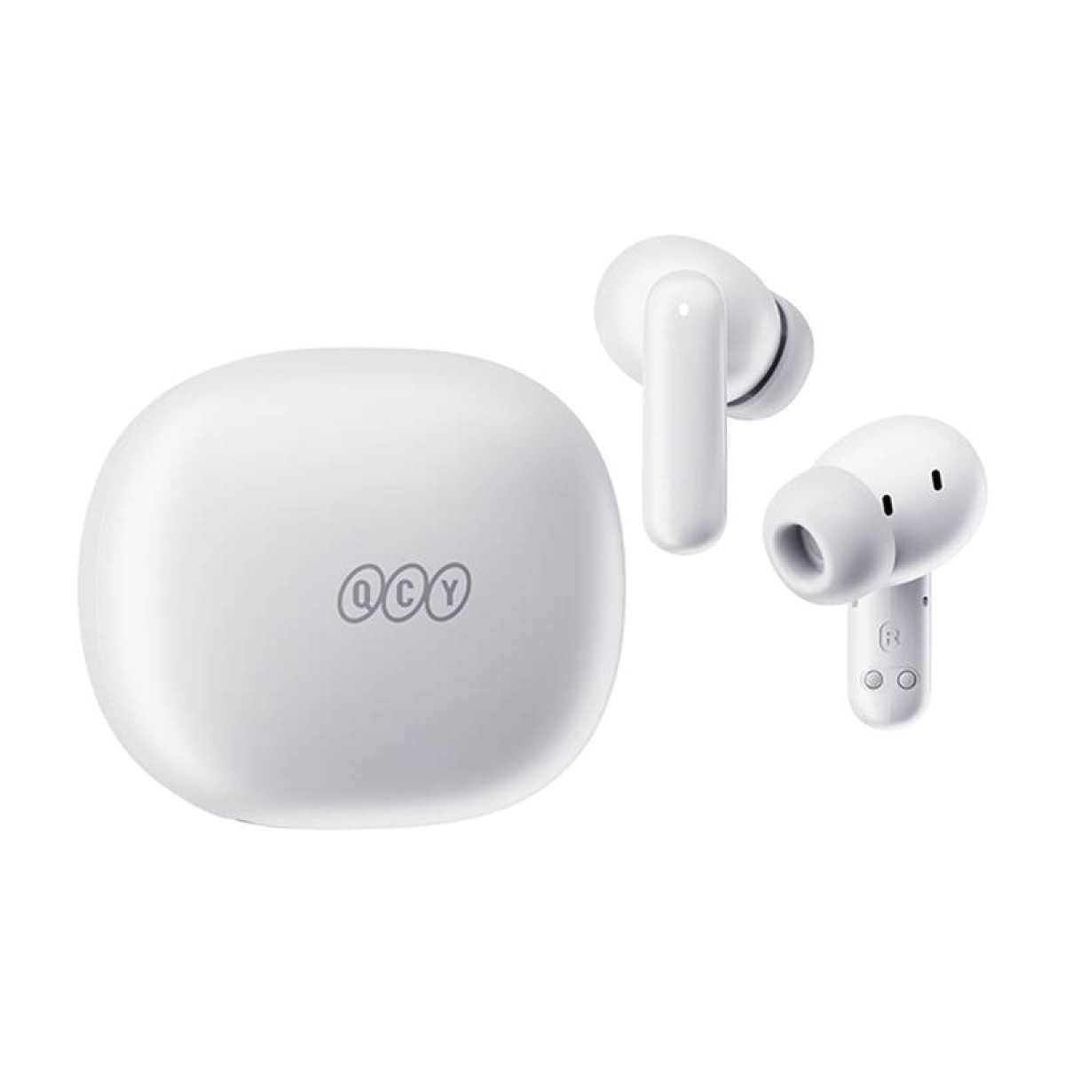 Una custodia di ricarica bianca con logo 'QCY' grigio accanto a due auricolari wireless bianchi, tutto su sfondo bianco.