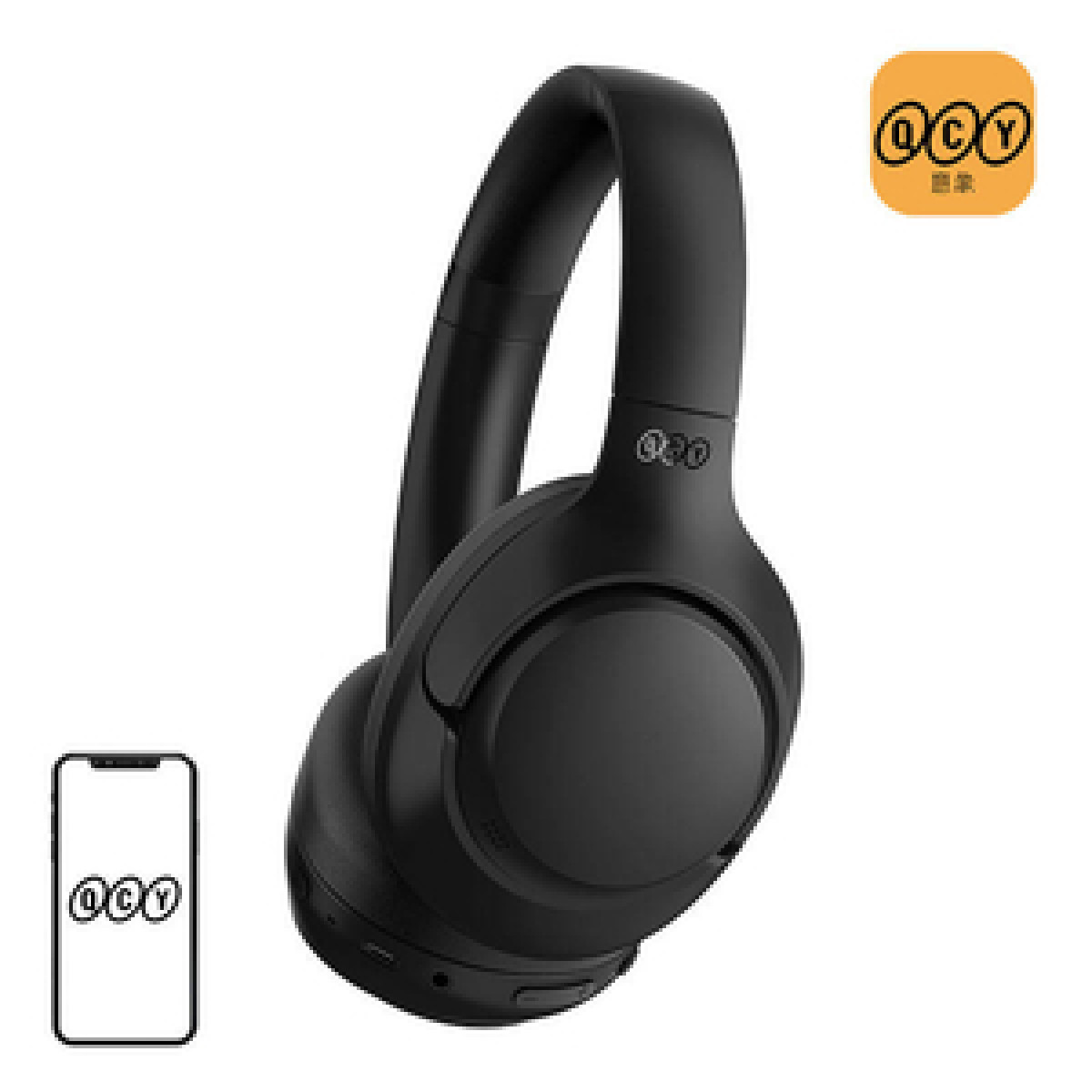 Schwarze Kopfhörer mit Stirnband und ein Smartphone-Symbol daneben.