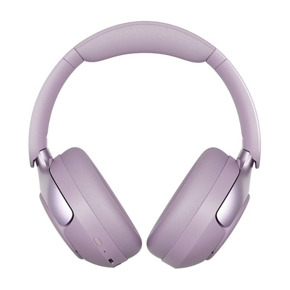 Ein Paar hellviolette Over-Ear-Kopfhörer, von vorne gesehen, mit einem gepolsterten Kopfbügel und glatten Ohrmuscheln.