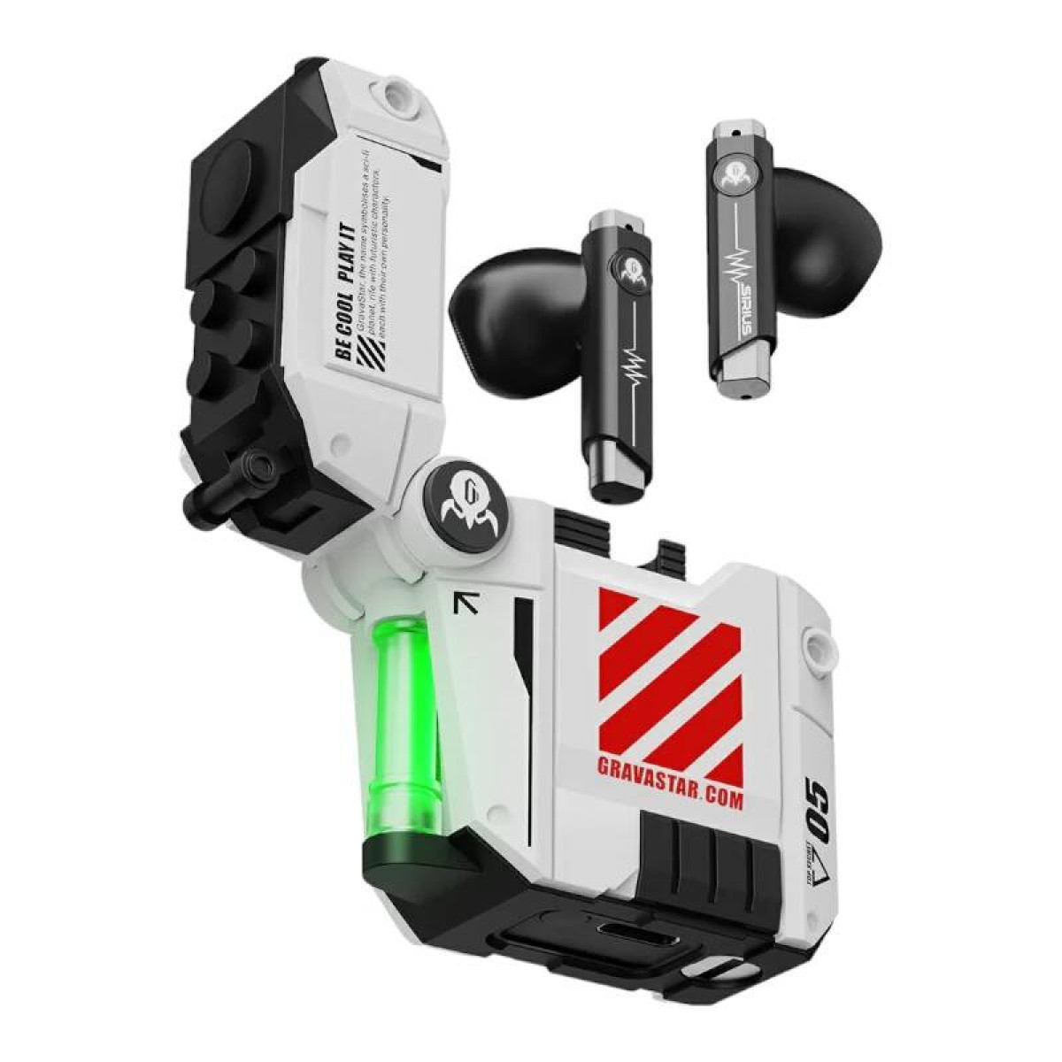 Biało-czarny zestaw słuchawkowy z zielonym podświetleniem LED i paskami ostrzegawczymi.