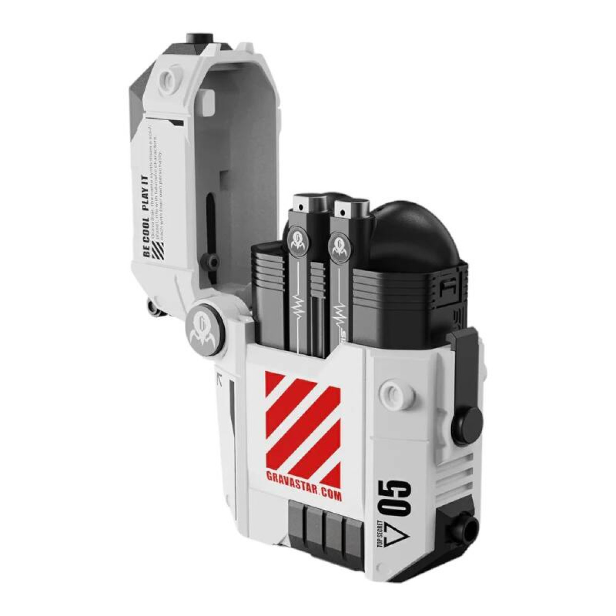 Futurystyczny biało-czarny przedmiot z czerwonymi paskami i oznaczeniami.