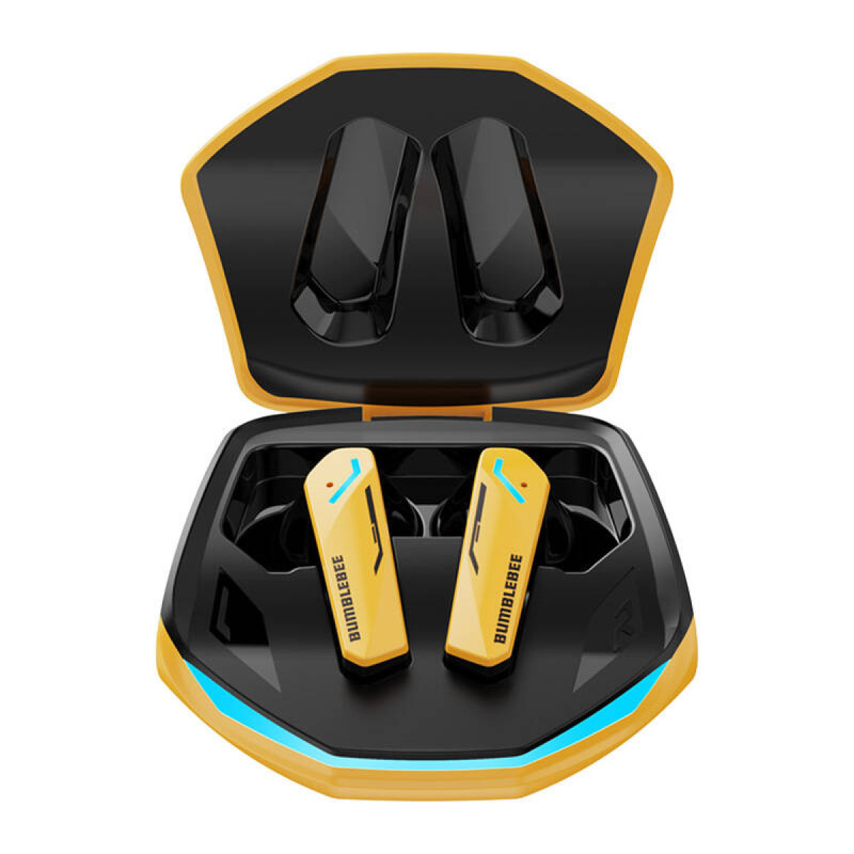 Auriculares amarillos en un estuche de carga negro con detalles azules.