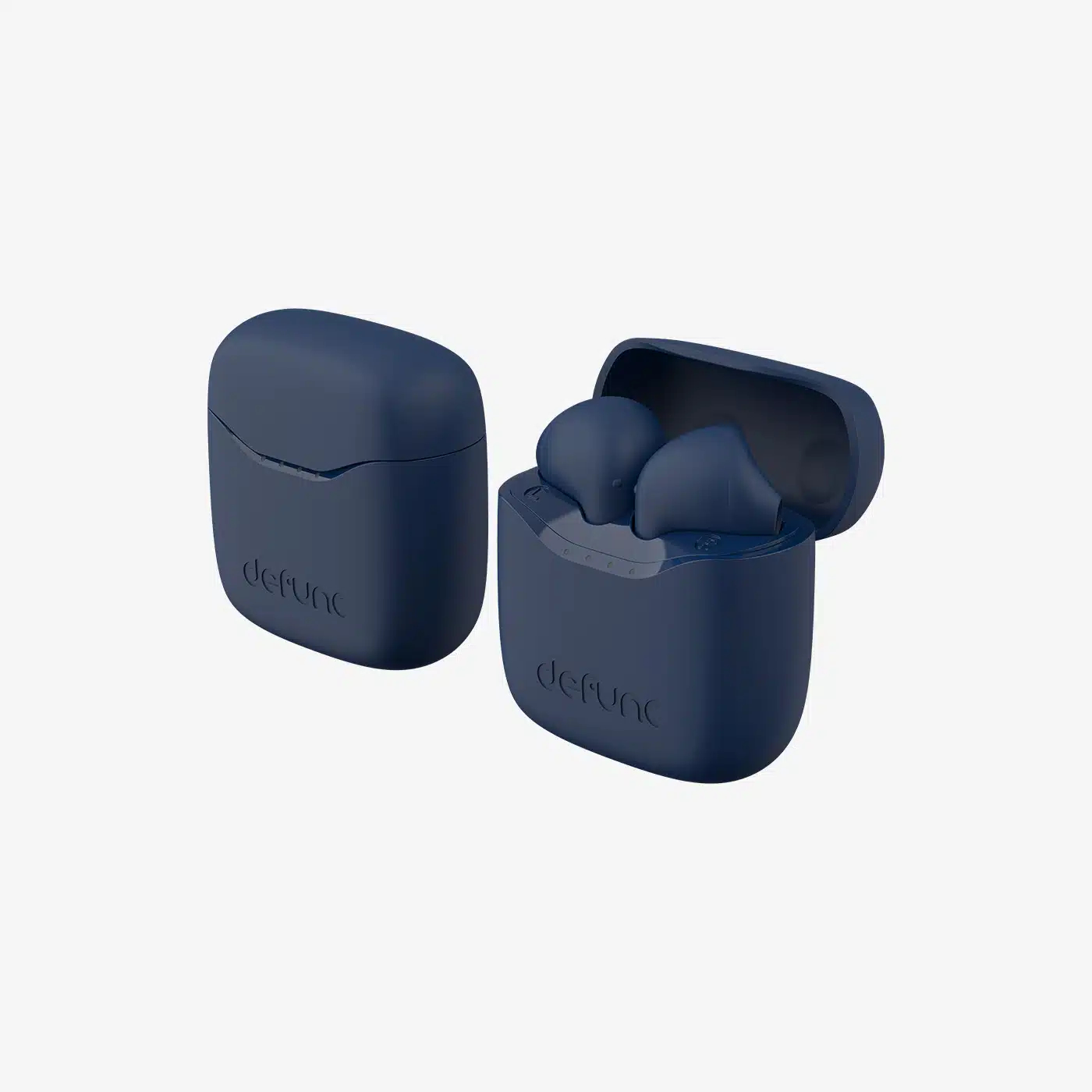 Zwei dunkelblaue Defunc Wireless-Ohrhörer-Hüllen auf weißem Hintergrund; eine geschlossen, eine offen mit Ohrhörern.