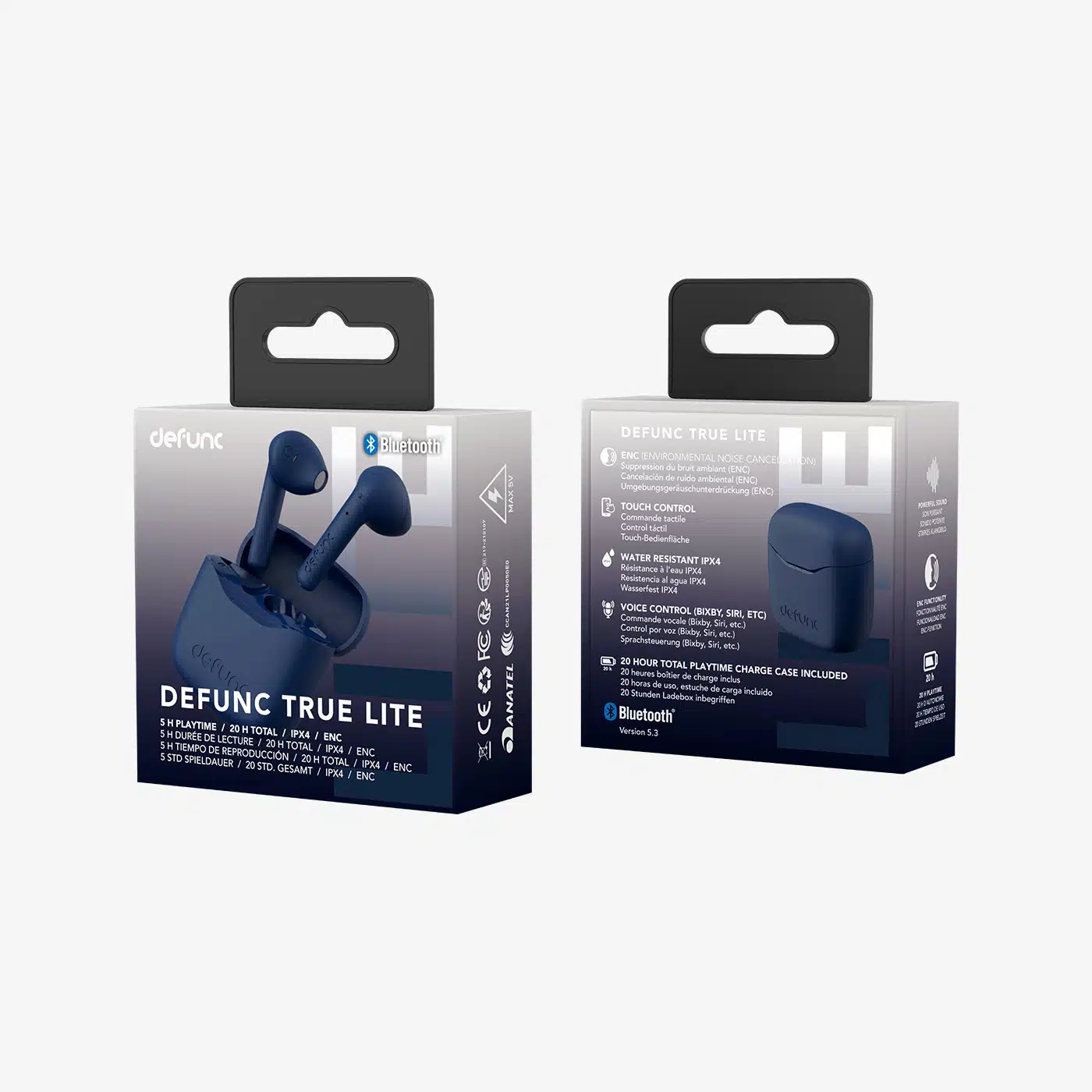 Zwei Defunc True Lite Kopfhörer-Verpackungen, eine offen, mit blauen Ohrhörern.