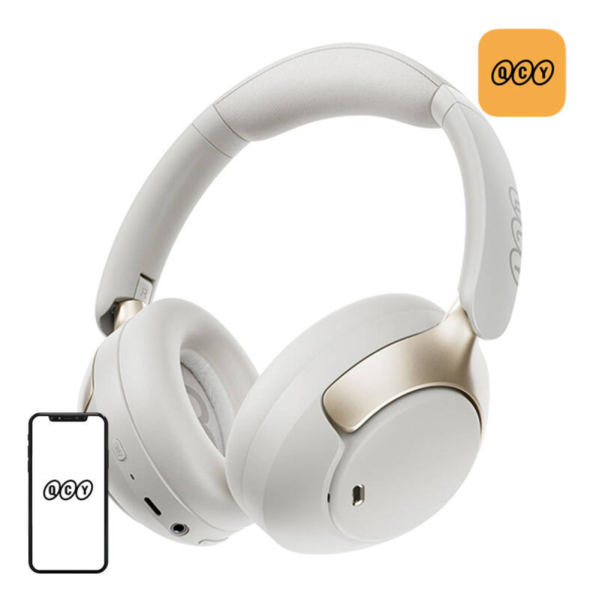 Weiße QCY-Kopfhörer mit goldenen Akzenten, daneben ein Smartphone mit QCY-Logo.